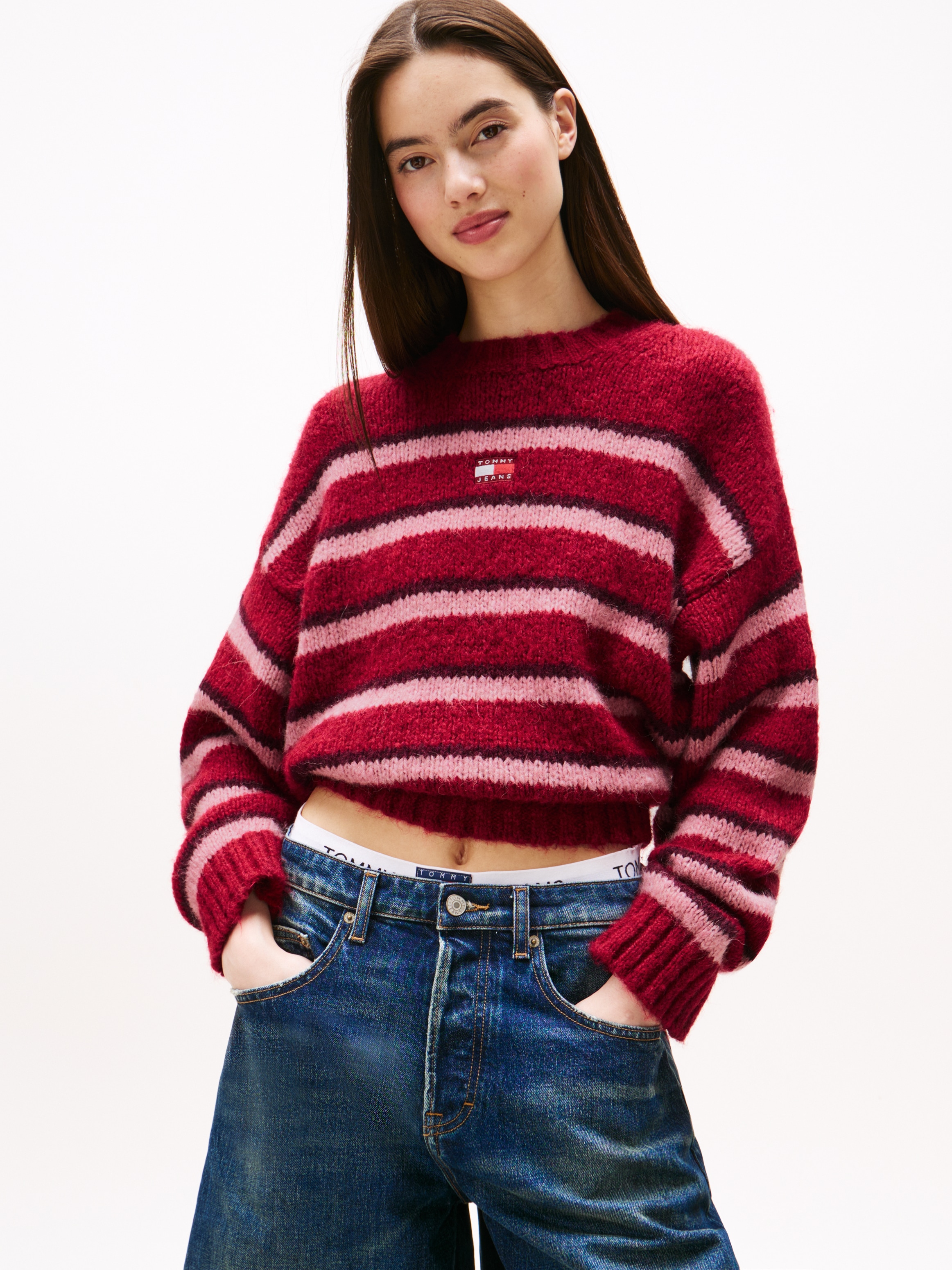 Tommy Jeans Rundhalspullover "TJW BADGE STRIPE FLUFFY SWEATER", mit Alpaka günstig online kaufen