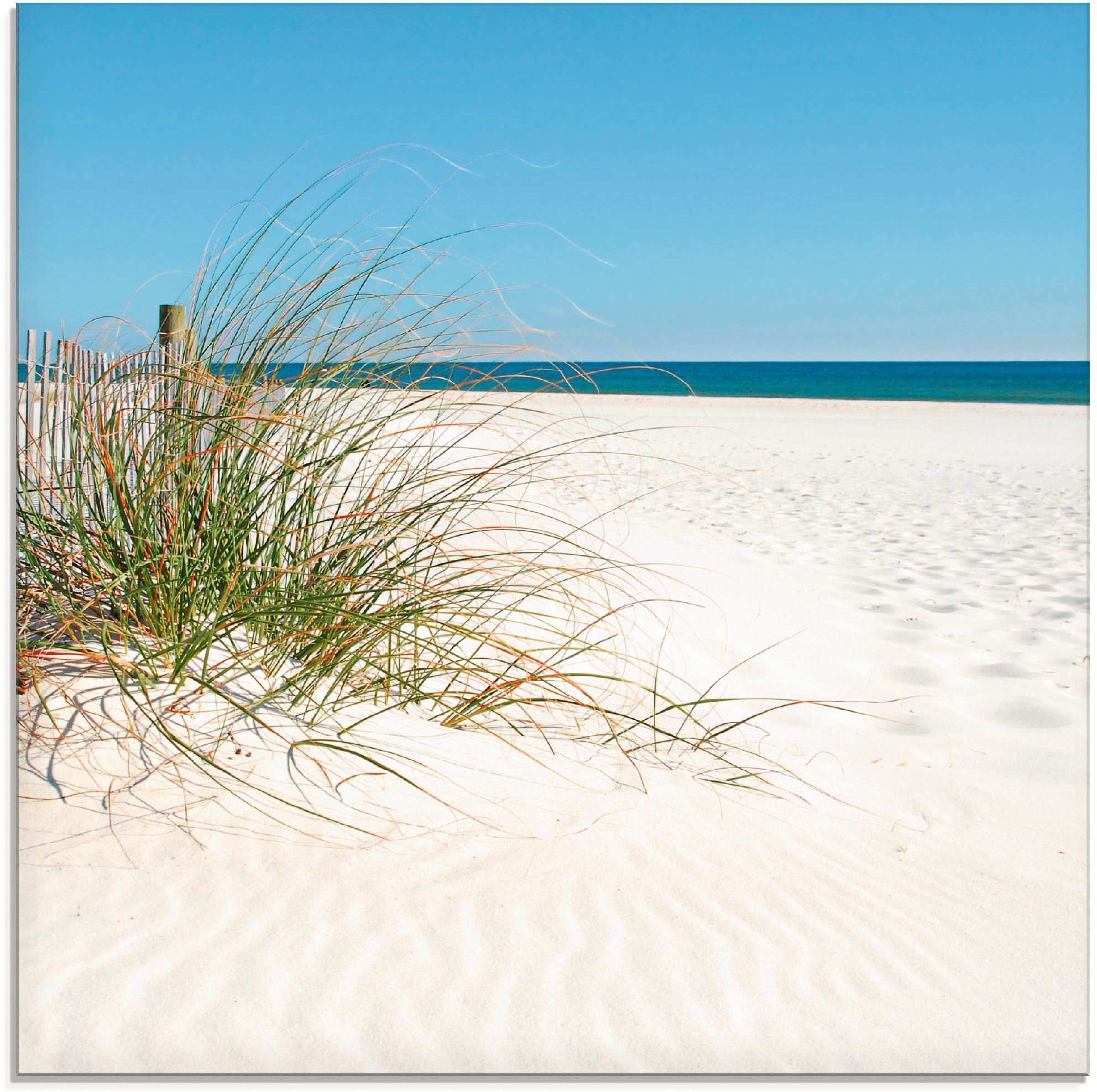 Glasbild »Schöne Sanddüne mit Gräsern und Zaun«, Strand, (1 St.), in verschiedenen Größen