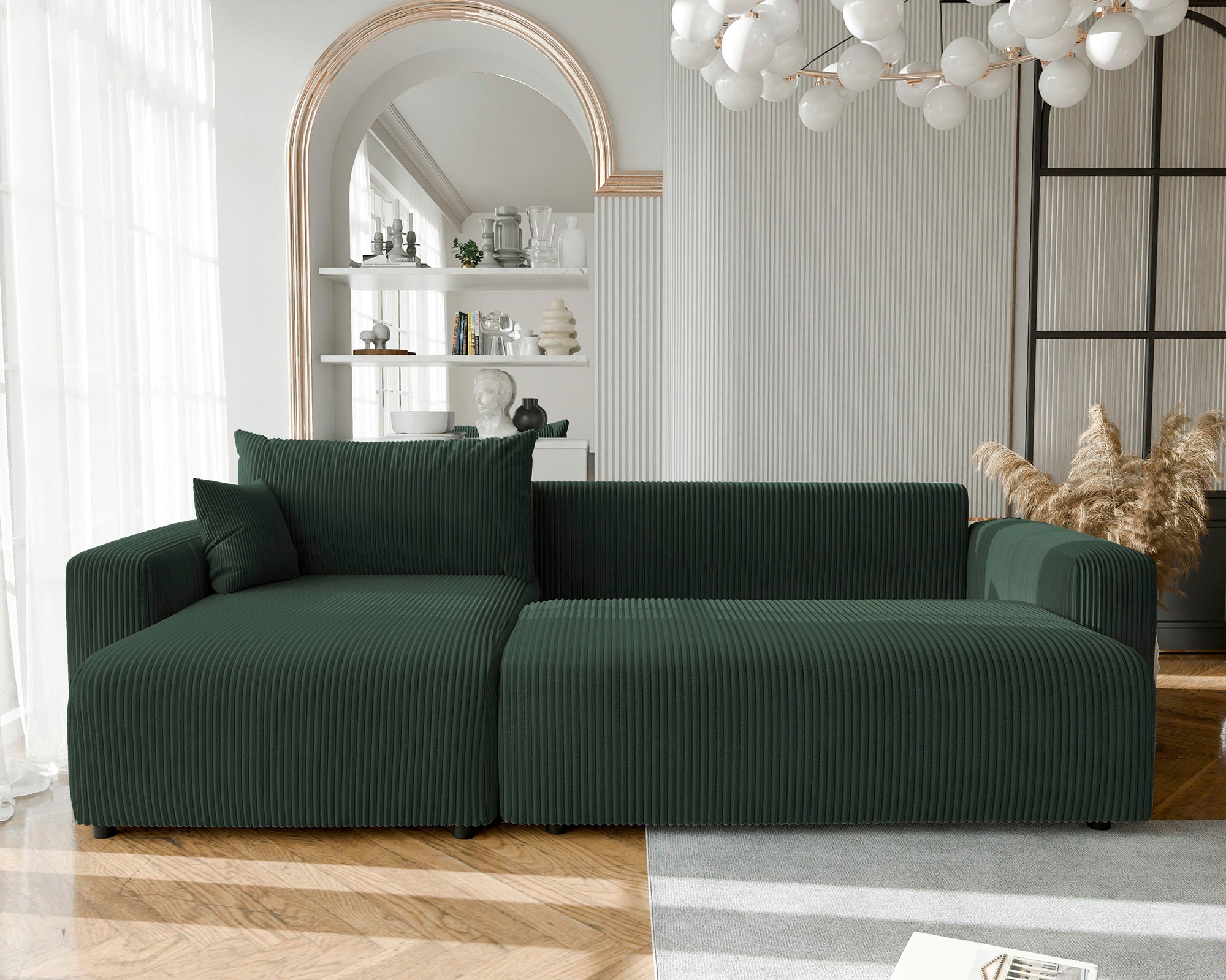 WERK2 Ecksofa »Piano XL Cord Sofa L-Form, Schlaffunktion & Bettkasten, 278 cm breit« Ottomane beidseitig montierbar, lose Rückenkissen & 2 Zierkissen