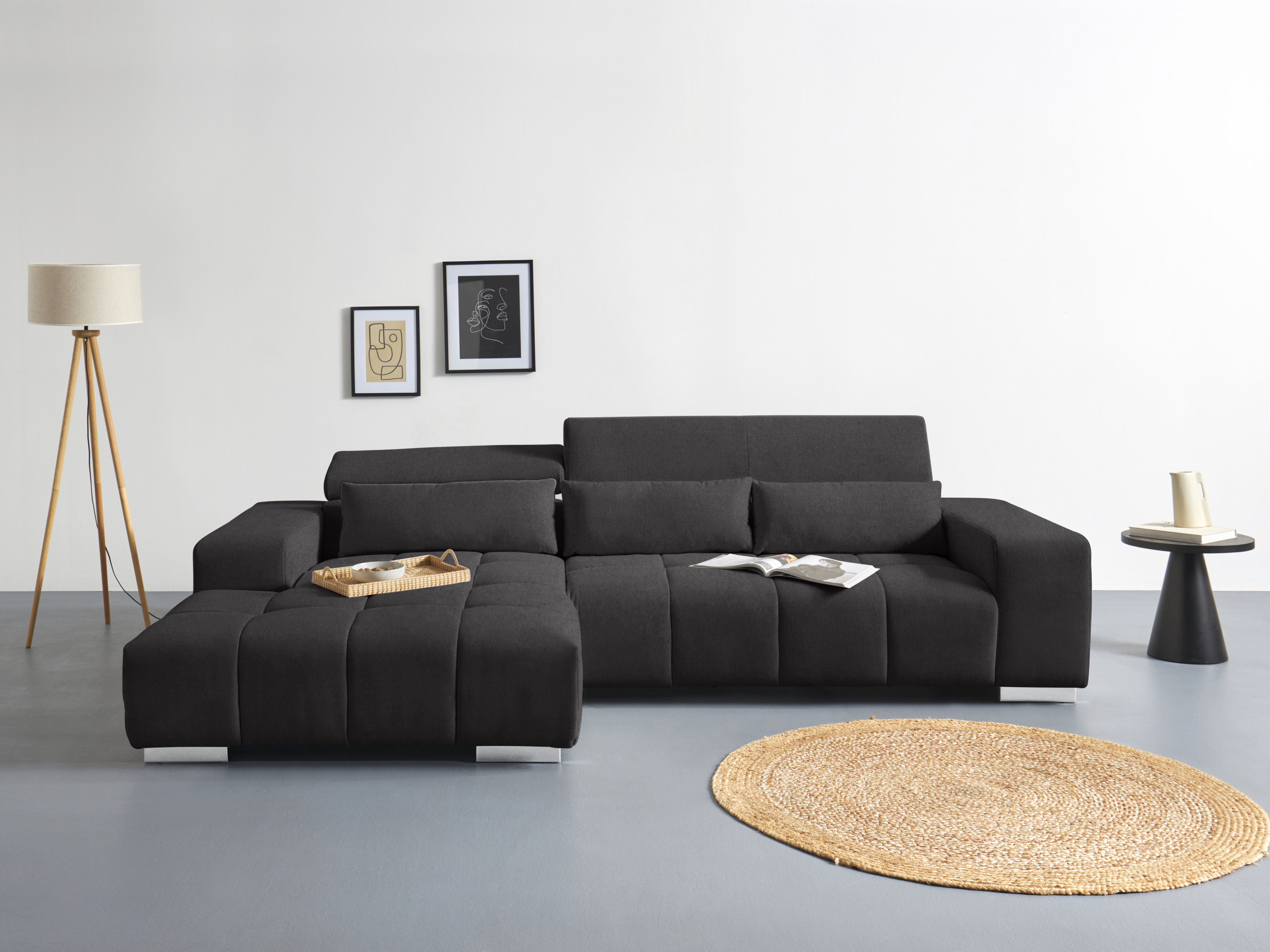 COTTA Ecksofa "Orion L-Form, B: 307 cm, moderne Steppung, bequeme Wellenunterfederung" 2x Kopfteilverstellung & 3 Nierenkissen