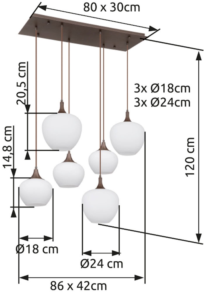 GLOBO LIGHTING Hängeleuchte »MAXY«, Leuchtmittel E27 | ohne Leuchtmittel, Hängelampe/Pendell./kaffeefarben/Glas opal/ unterschiedliche Gläser