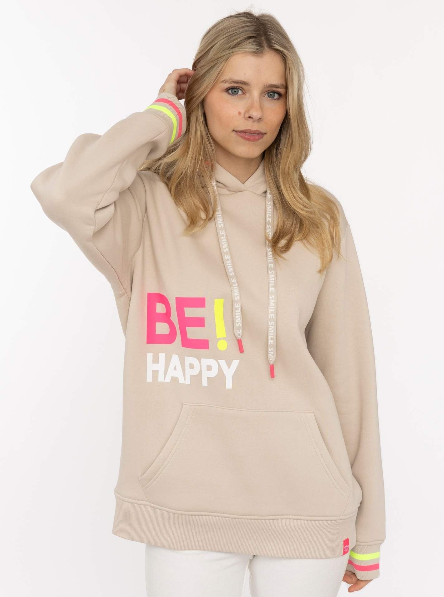 Zwillingsherz Hoodie ""Be Happy"", gestreifte Bündchen, Aufdruck auf Brust, Kapuze, Kängurutasche
