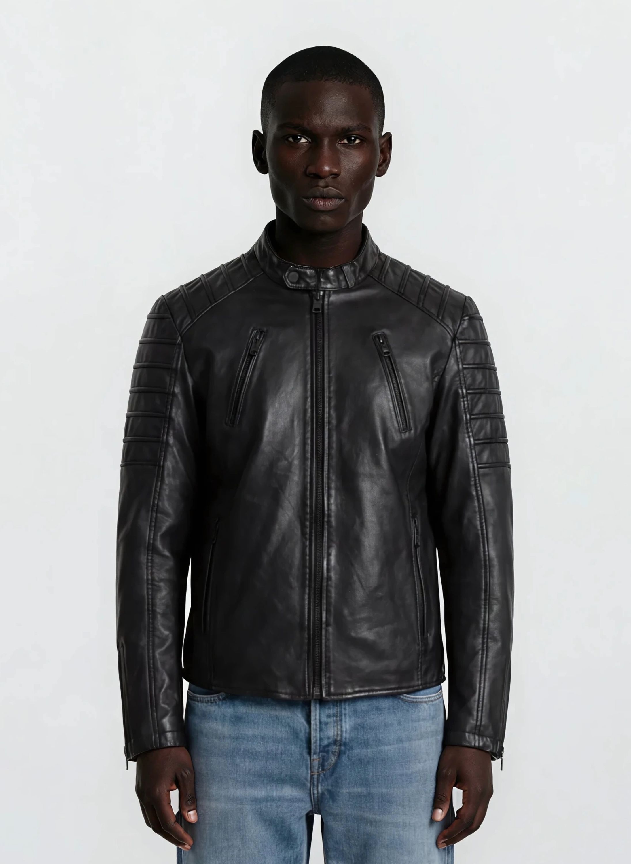 trueprodigy Lederjacke "Dash Paspelierte Details an der Schulter und Stehkragen" ohne Kapuze