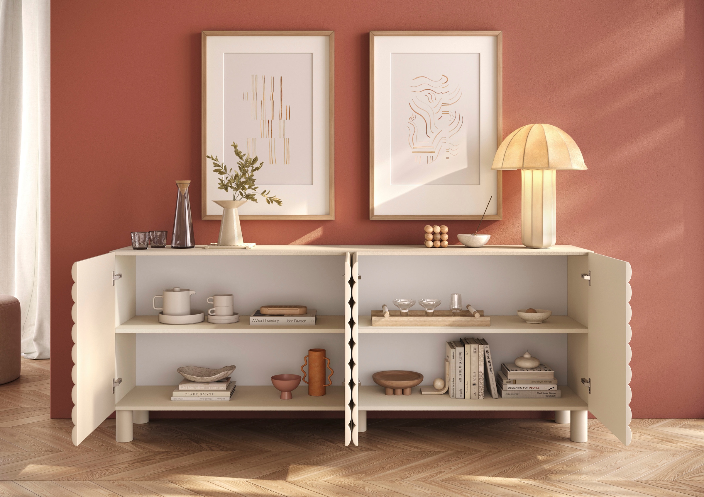 OTTO home Sideboard »Adria, 202 cm breit, 4 Türen, Anrichte, Kommode, Stauraumschrank« Korpus Talco Spatolato, MDF-Fronten in 3D-Design, viel Stauraum