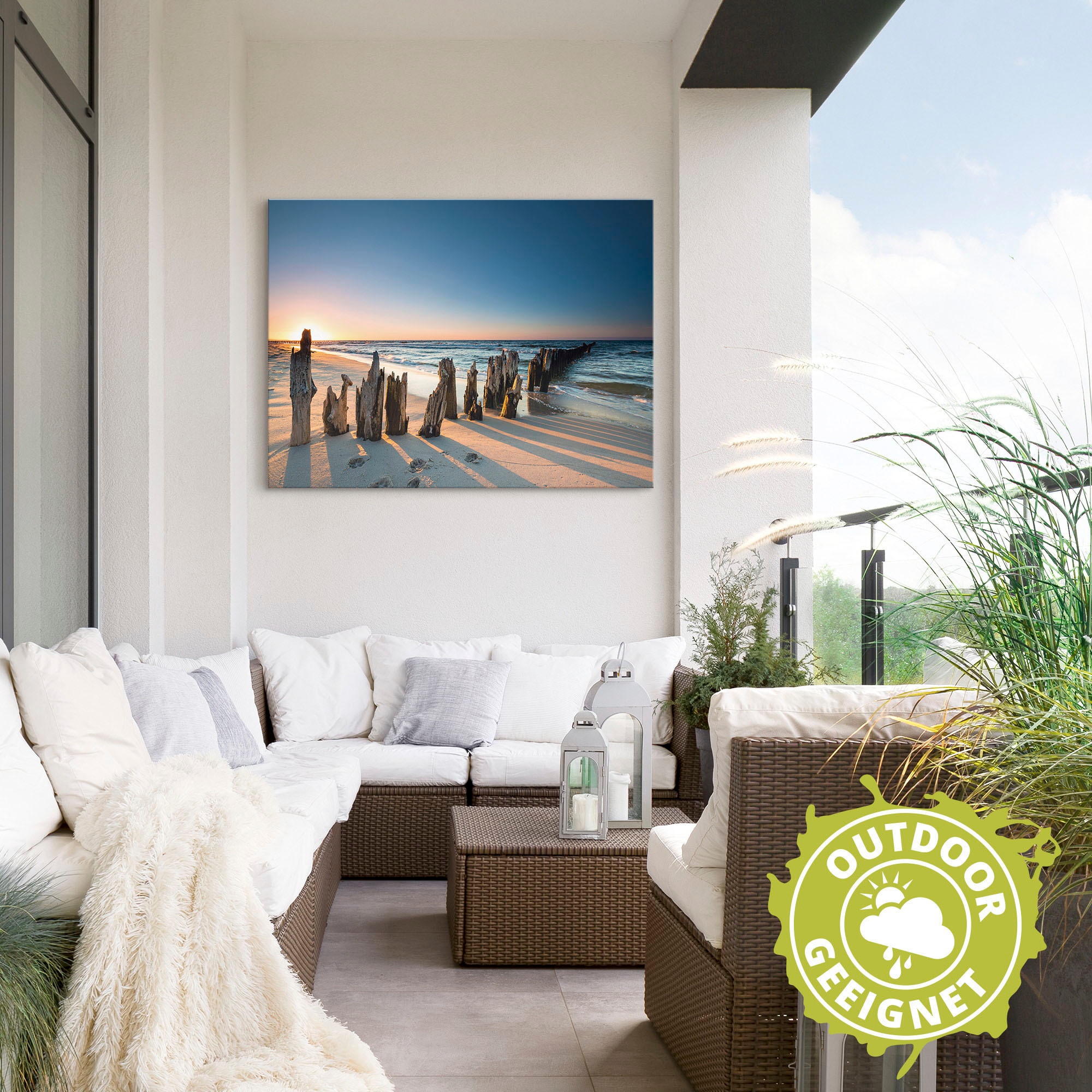 Artland Wandbild »Sonnenuntergang Strand Wellenbrecher«, Meer Bilder, (1 St.), als Alubild, Outdoorbild, Leinwandbild, Poster, Wandaufkleber