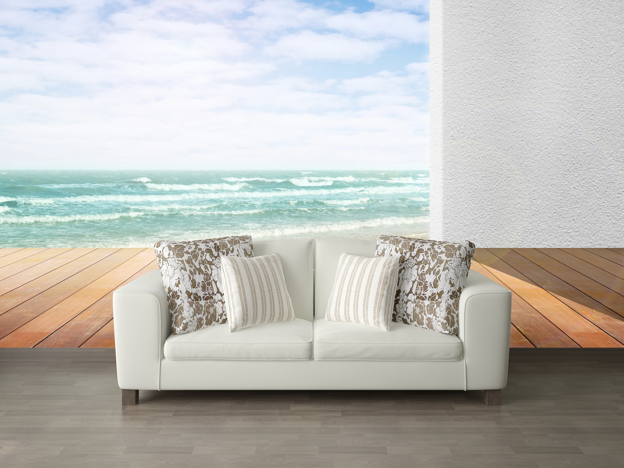queence Fototapete "3D Optik am Meer" Meer Motiv bedruckt realistisch glatt Wandpaneele, selbstklebend, Tapete, Sticker, Wanddeko, XXL-Fotomotiv