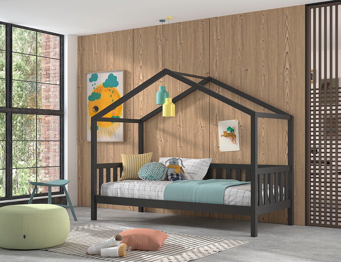 Vipack Hausbett »Dallas«, (Made in Europe), 90x200 cm, inkl. Rolllattenrost, Kiefer anthrazit,mit o. Bettschublade