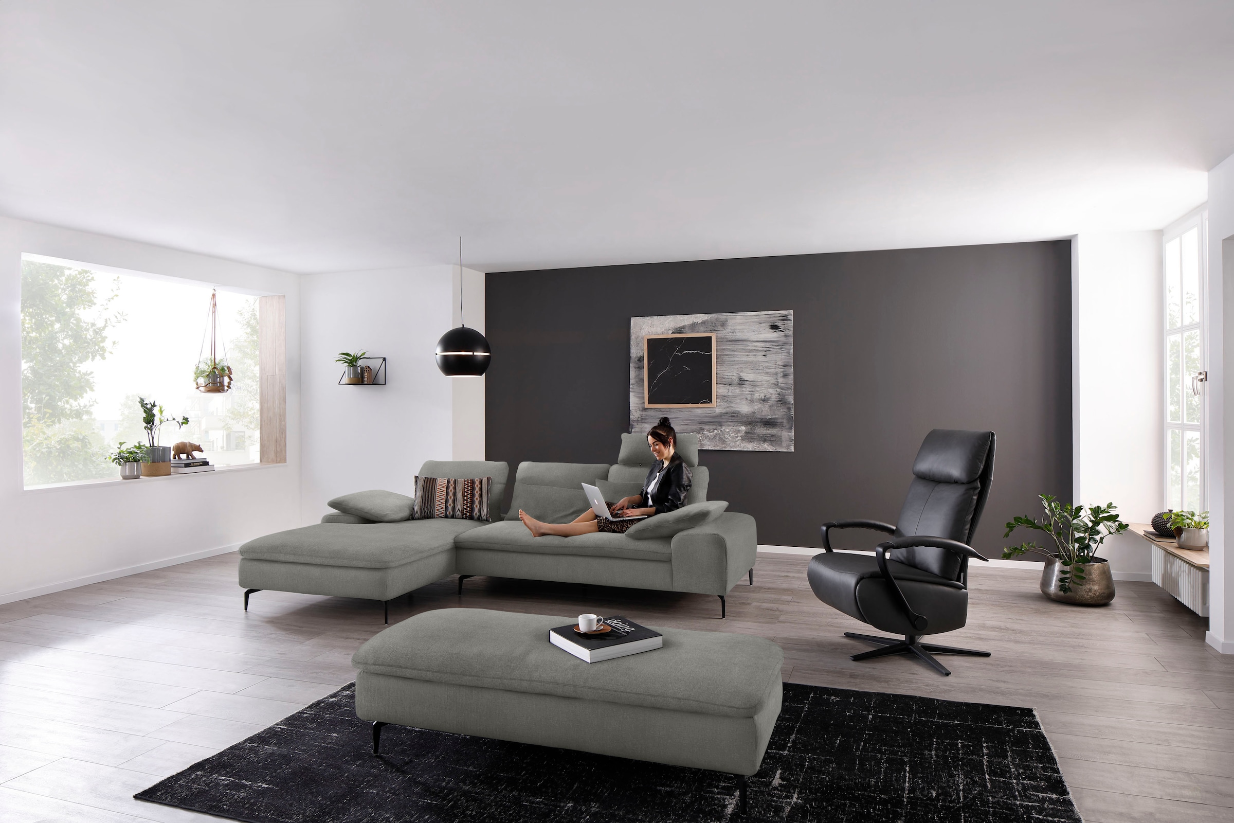 W.SCHILLIG Ecksofa "valentinoo, Designsofa, bequem, elegant und zeitlos, L-Form" inklusive Hocker, mit Sitztiefenverstellung, Breite 299 cm