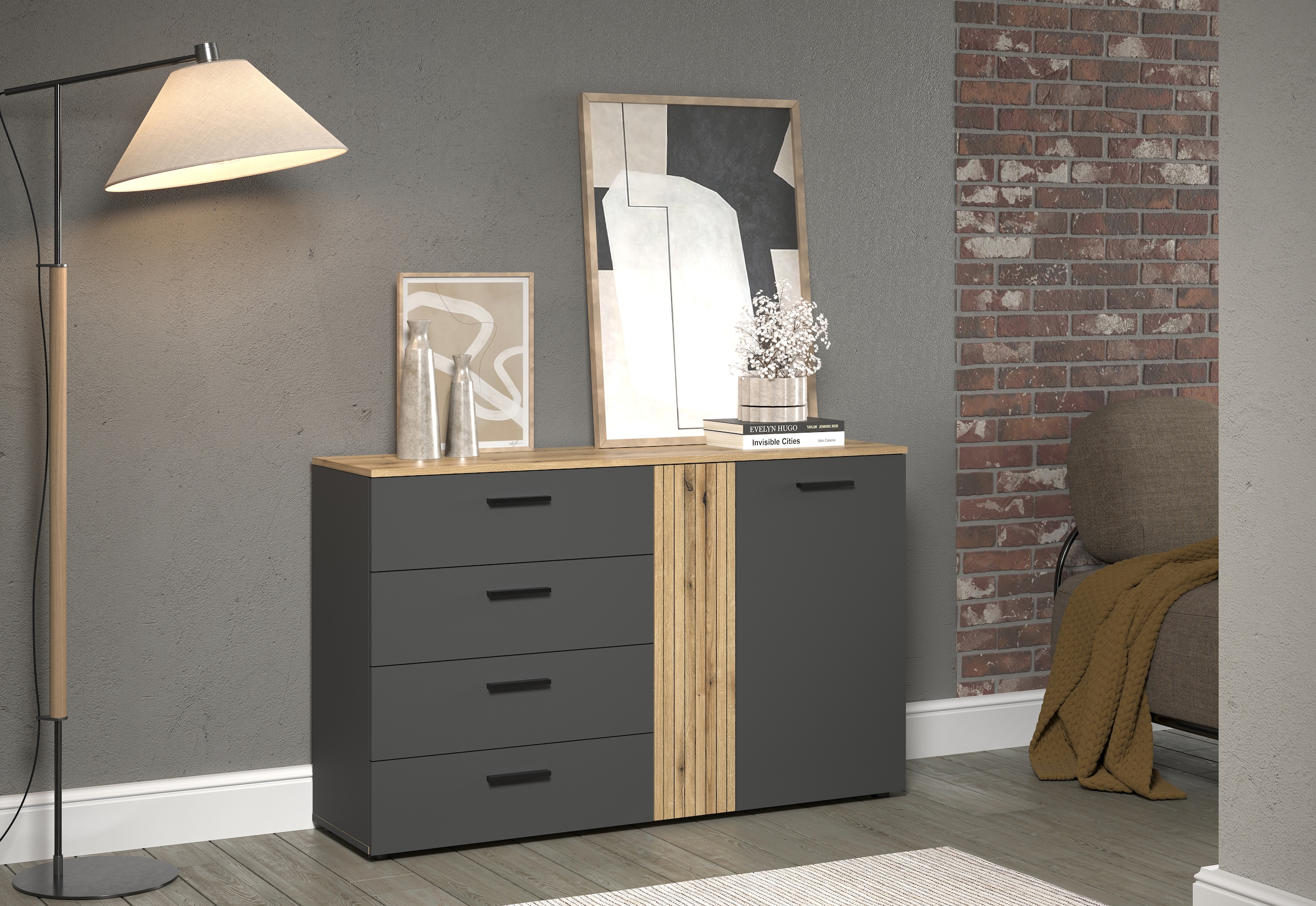 INOSIGN Kommode »Estepona«, (1 St.), Sideboard mit voll ausziehbaren Schubladen - (B/T/H) 139/38/86 cm