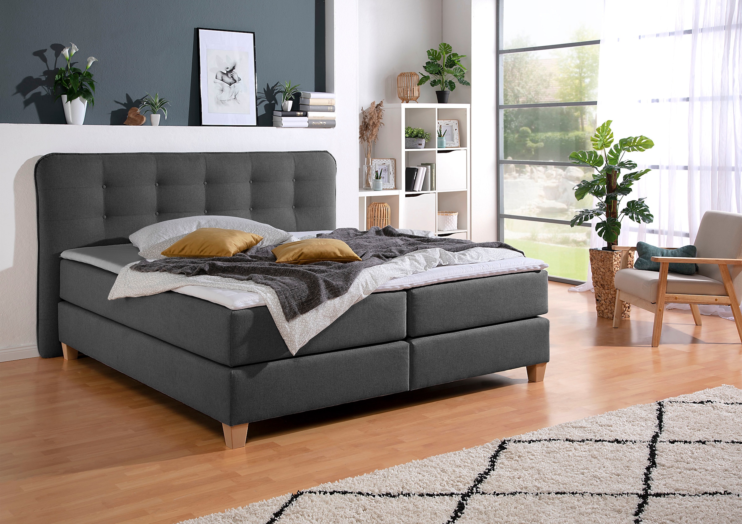 Boxspringbett HOME AFFAIRE, grau (anthrazit), B:198cm L:209cm, Komplettbetten, Boxspringbett, inklusive Komfortschaum-Topper