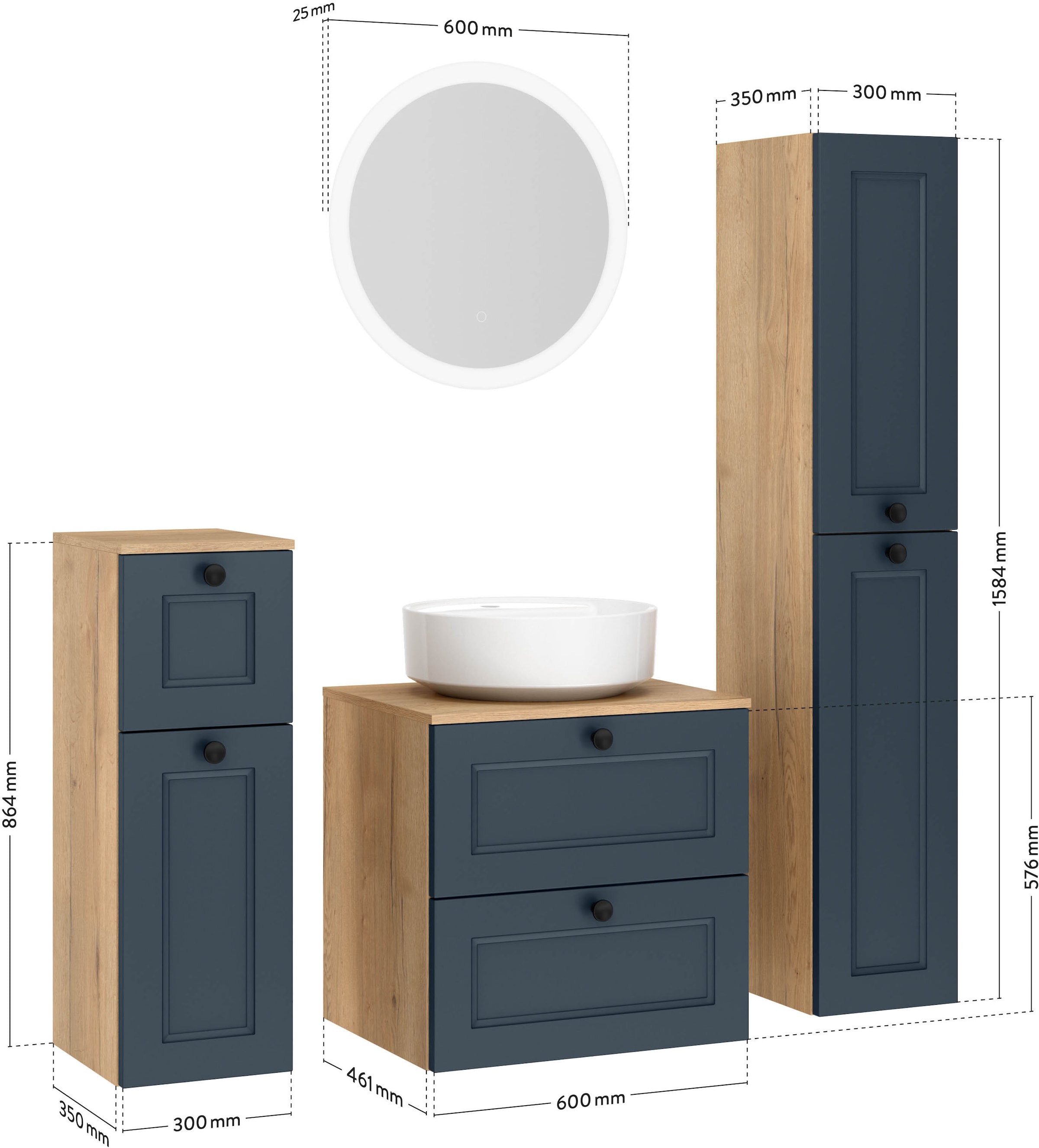 nobilia® Badmöbel-Set »Cascada« Set, inkl.  Aufsatzwaschbecken und beleuchtetem  Spiegel mit Touch-Sensor, 4 Stk. tlg.
