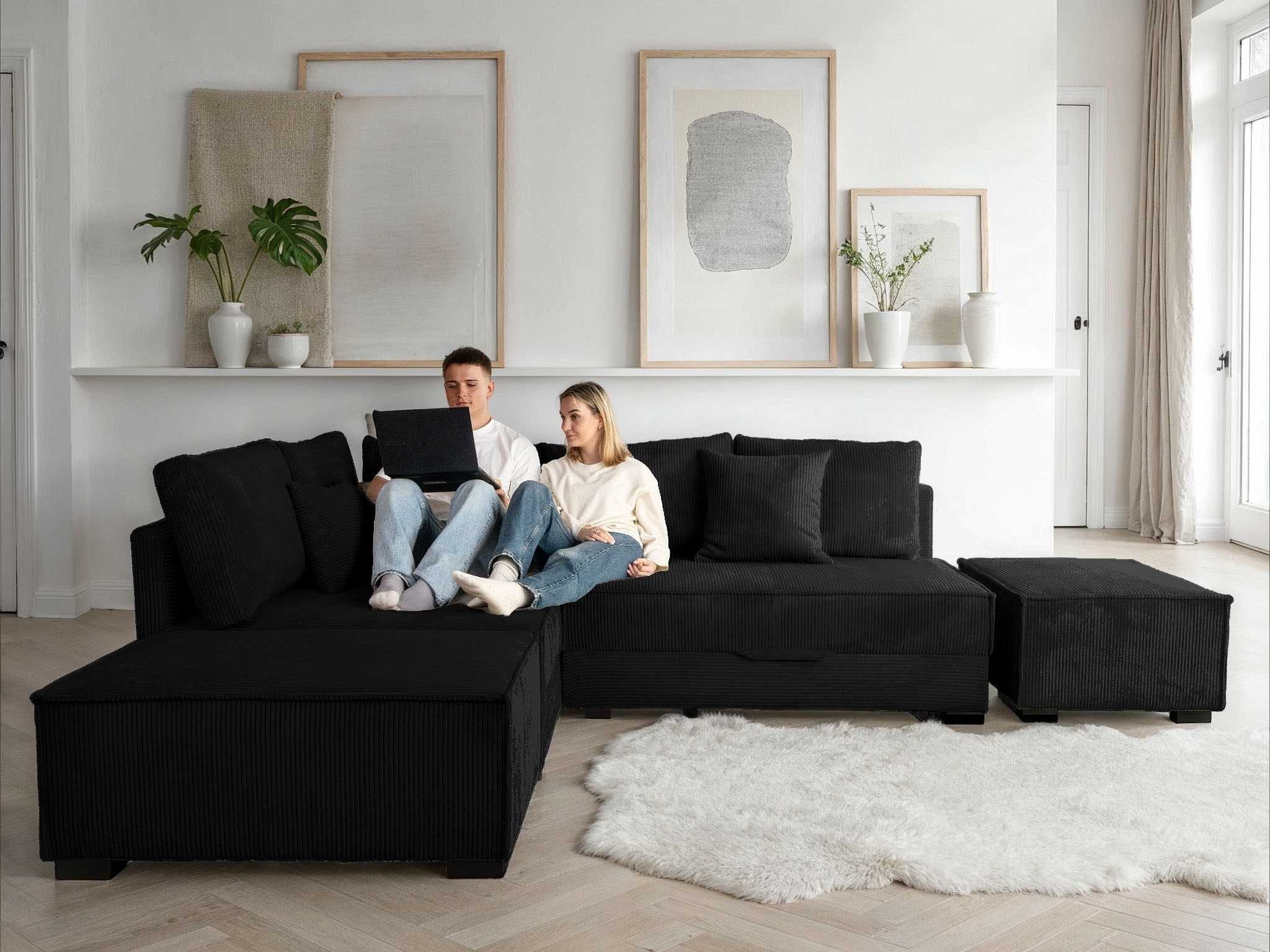 Home affaire "Night & Day L-Form, B: 316 cm mit Dauer-Schlaffunktion 180x200 cm" Set: Sofa & Hocker, Schlaffunktion, Bettkasten & Kissen, Boxspringbett