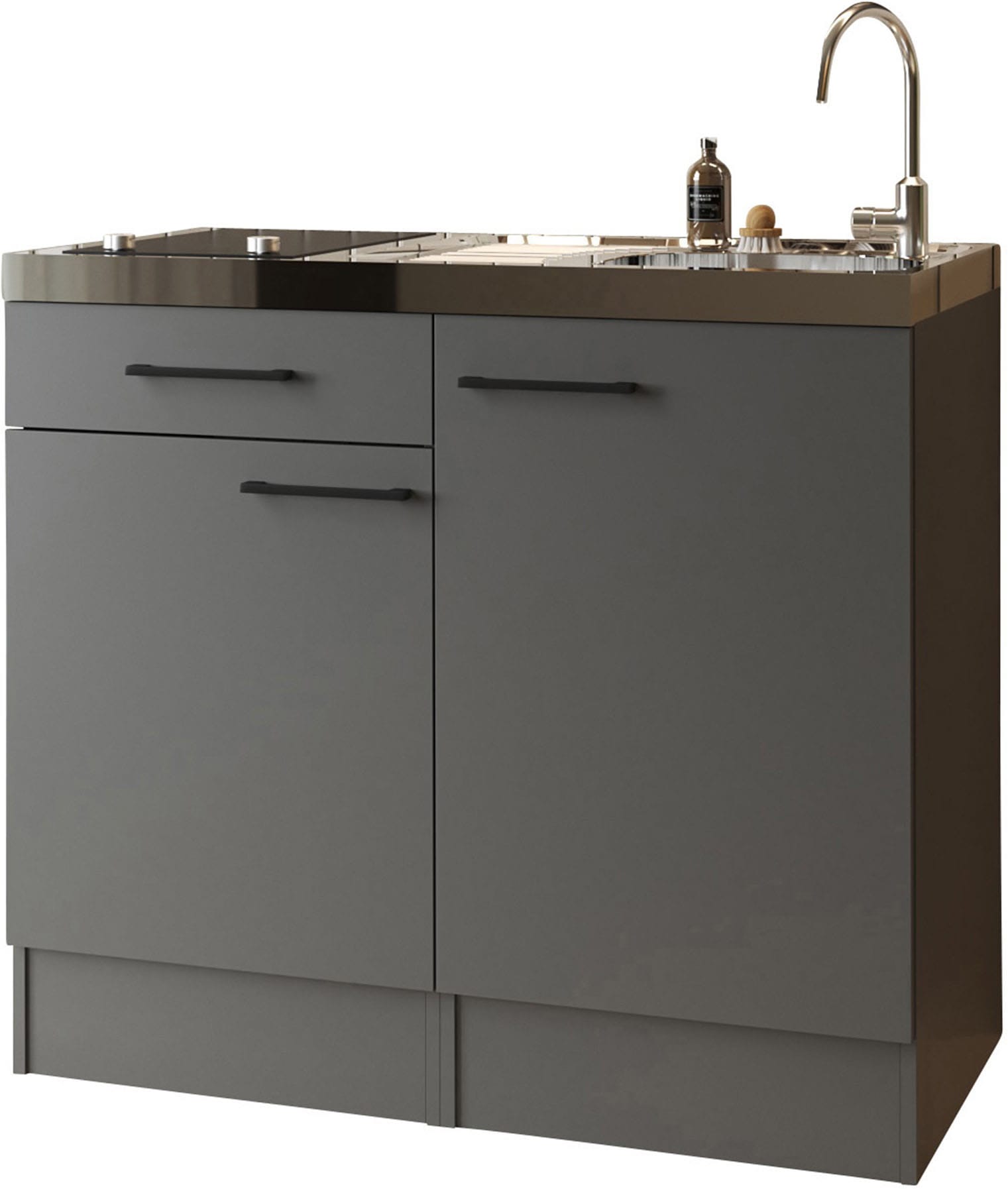 Pantryküche RESPEKTA, B:100cm H:200cm T:60cm, grau, Komplettküchen-Sets, "Oliver", zerlegt, mit Glaskeramikkochfeld, Soft-Close, Breite 100 cm