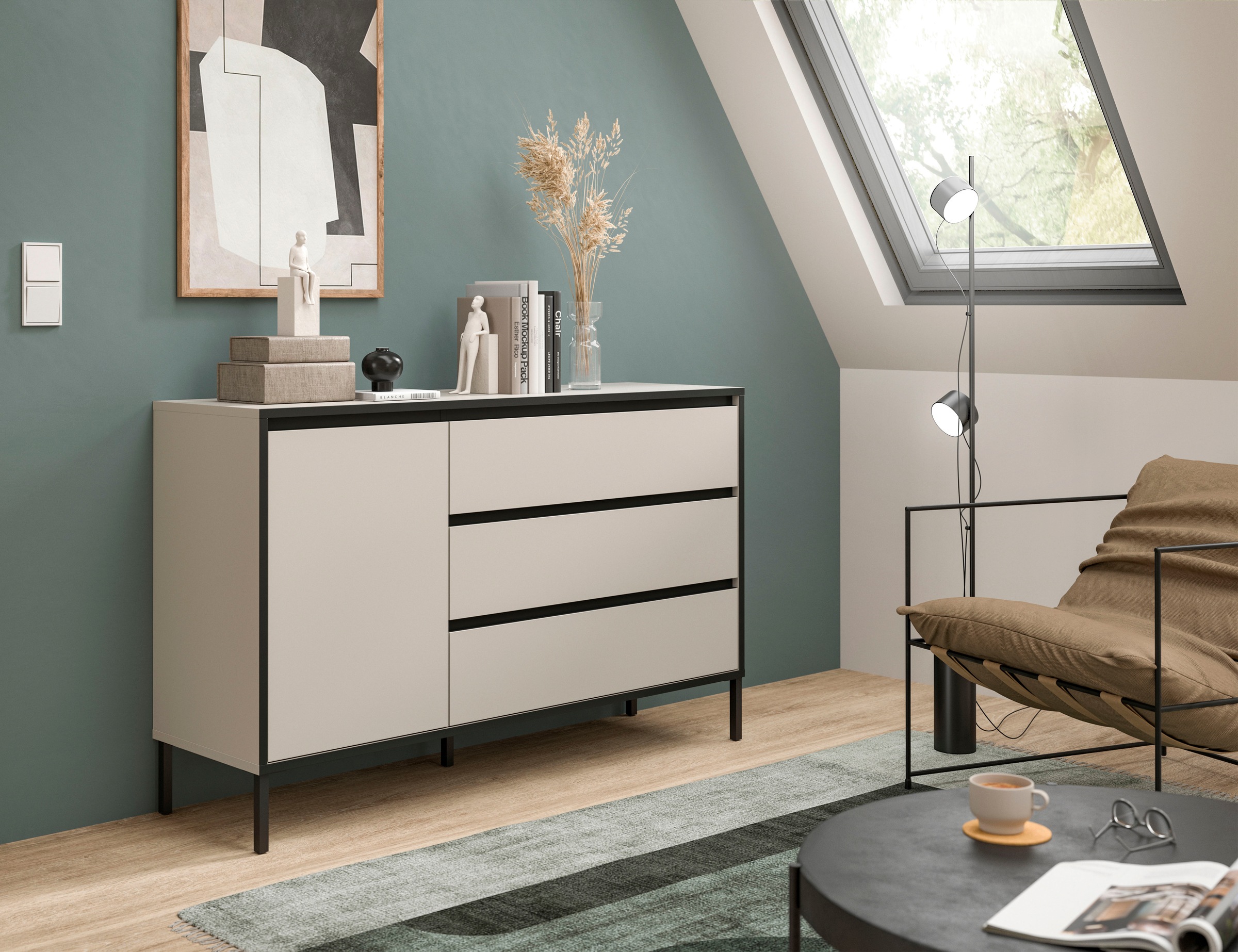 INOSIGN Sideboard »NORT, Breite: 136cm, mit Metall Stabfuß, 1 Tür, 3 Schubkästen«, Anrichte, Kommode, Schrank, Board, Higboard