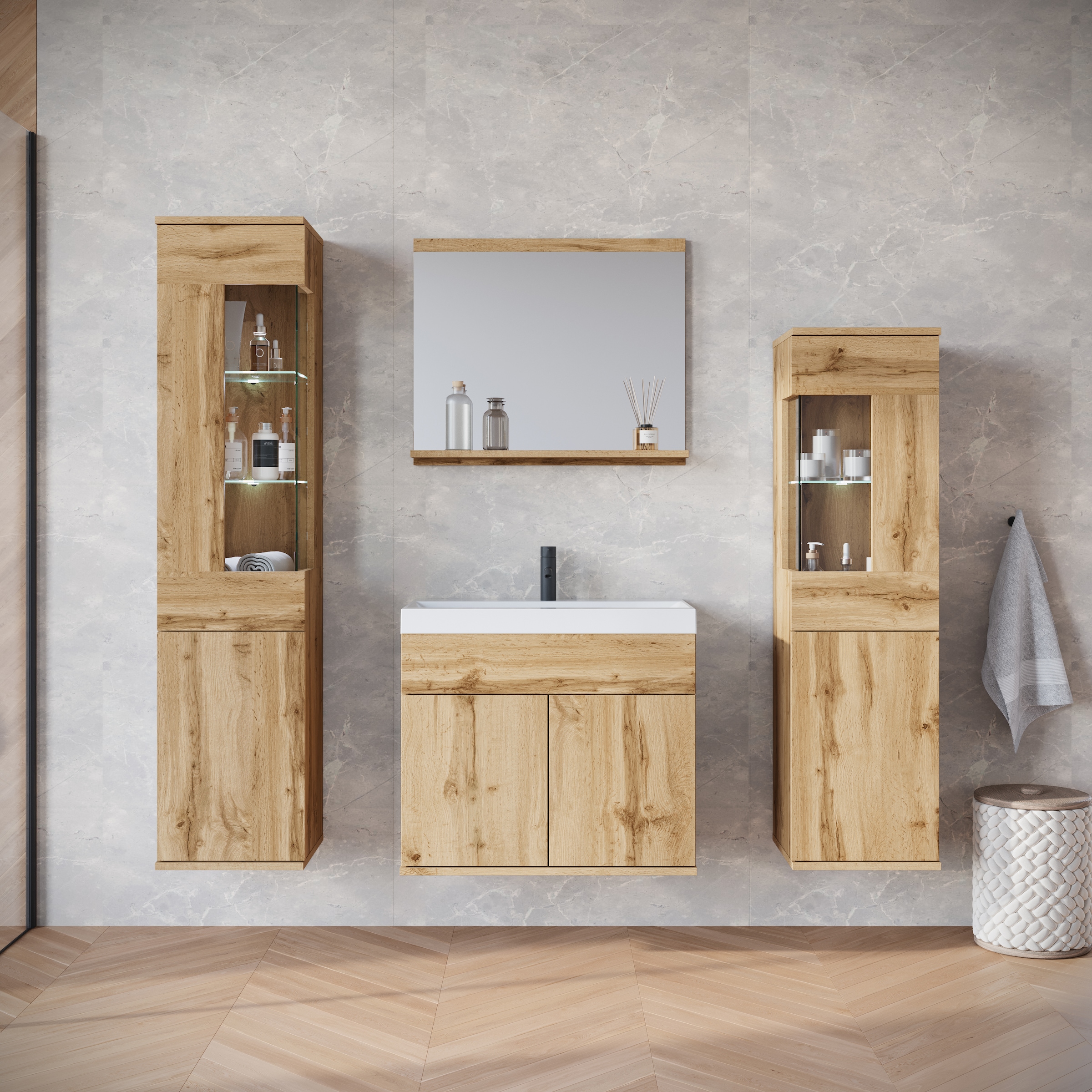 INOSIGN Badmöbel-Set »Kenia«, (Set, 5 St.), Modernes Badmöbel-Set mit viel Stauraum und Glaseinsatz