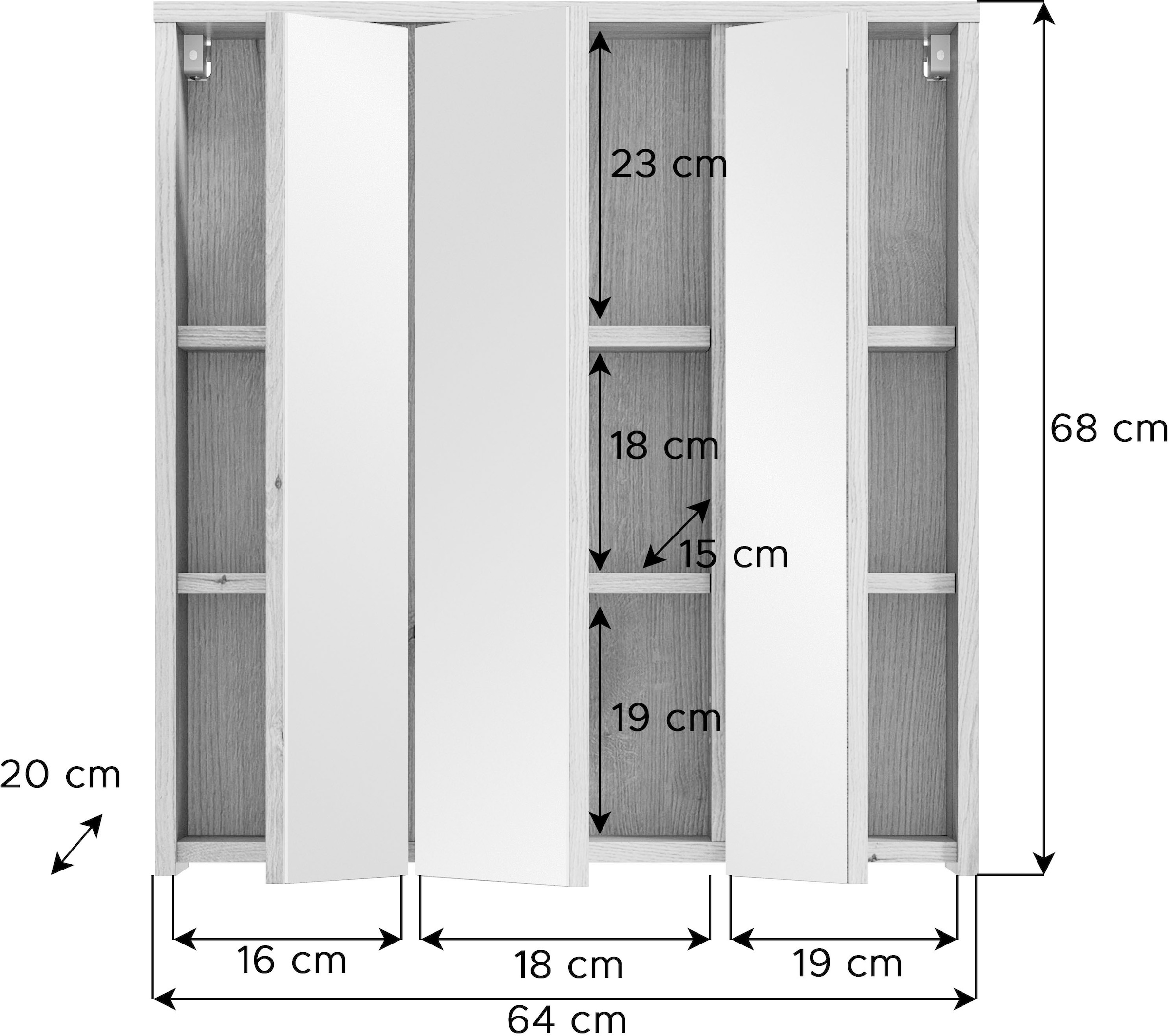 welltime Spiegelschrank »Kayu, Breite 64 cm, 3 Spiegeltüren, 6 Einlegeböden«, Badschrank, Bad-Möbel, Badezimmer, Bad