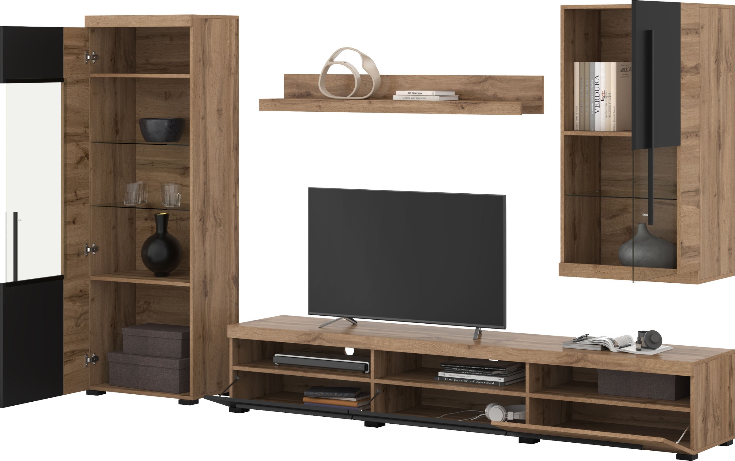 INOSIGN Wohnwand »Roger,Breite 255 cm moderne Mediawand ohne Beleuchtung«, (Set, 4 St.), Anbuwand (Set,4-St) viel Stauraum, Glastüren