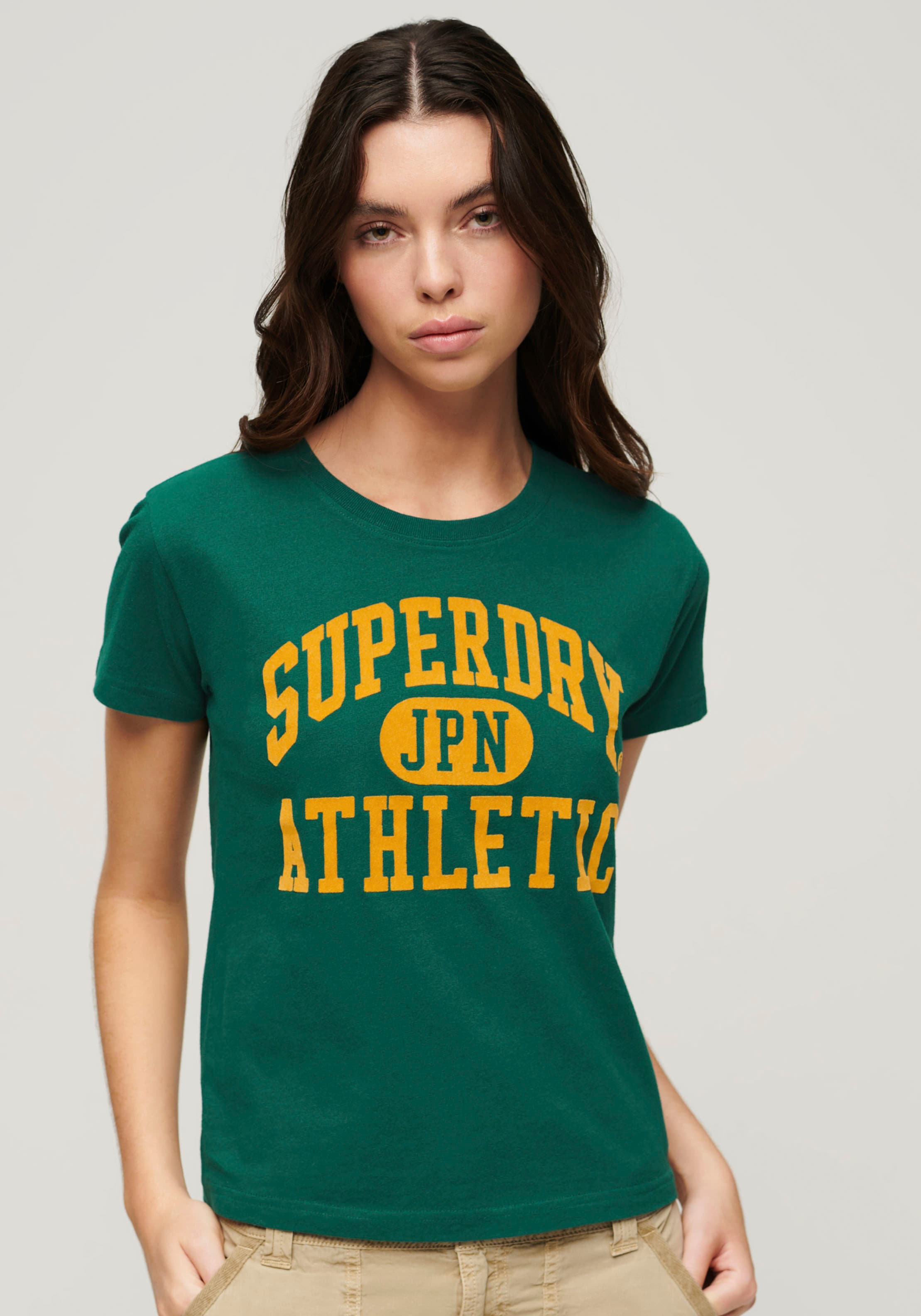 Superdry Print-Shirt "stylisches T-Shirt VARSITY FLOCKED FITTED TEE mit bedrucktem Design", normale Passform aus pflegel