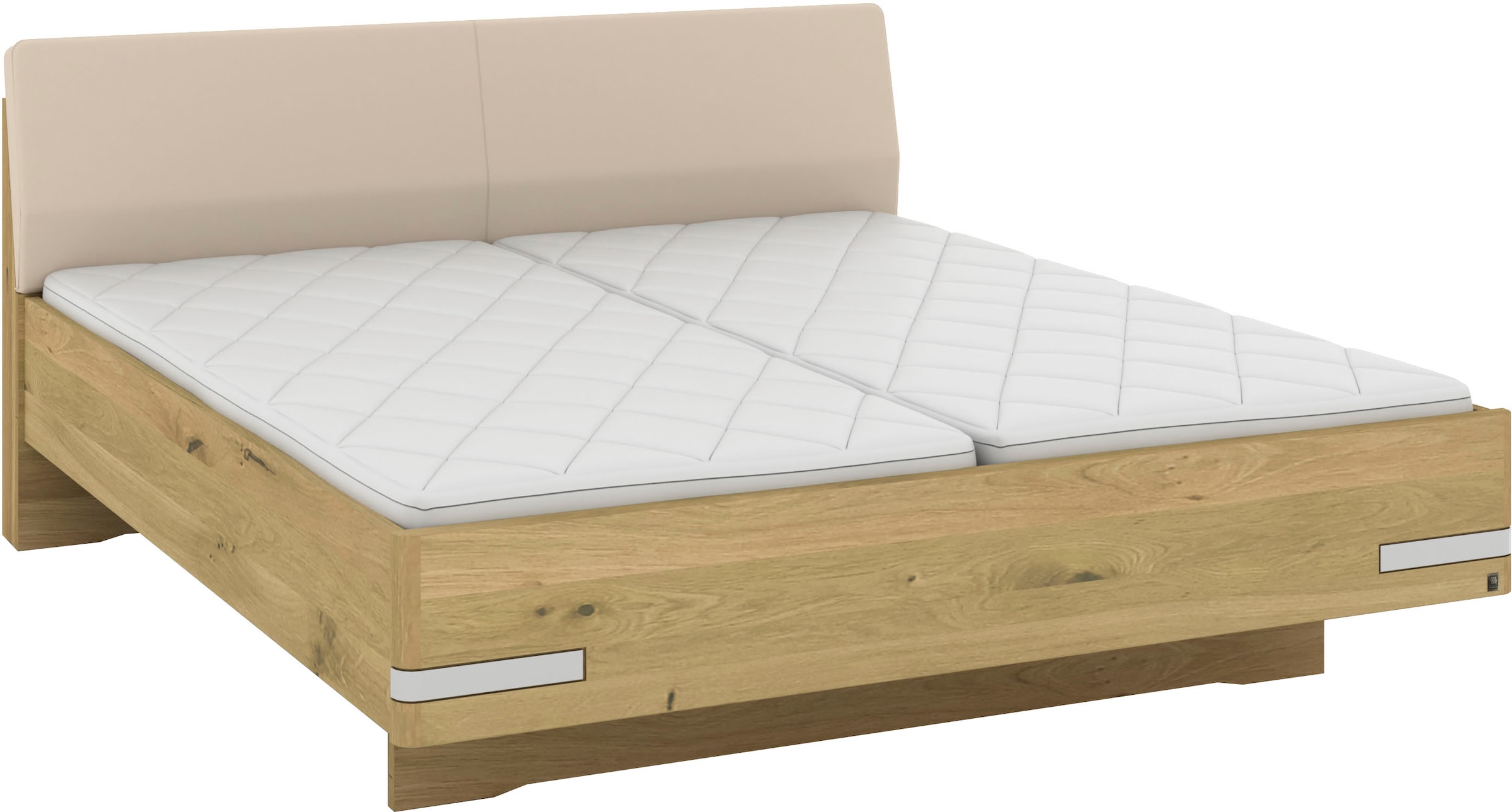 Musterring Holzbett »Savona, Bettgestell, Bettrahmen, teilmassiv Bianco-Eiche«, (Belastbarkeit 220 Kg, 4-fache Liegehöhenverstellung, MADE IN GERMANY), Kopfteil Kunstleder Champagner, Details in Chrom, verschiedene Größen