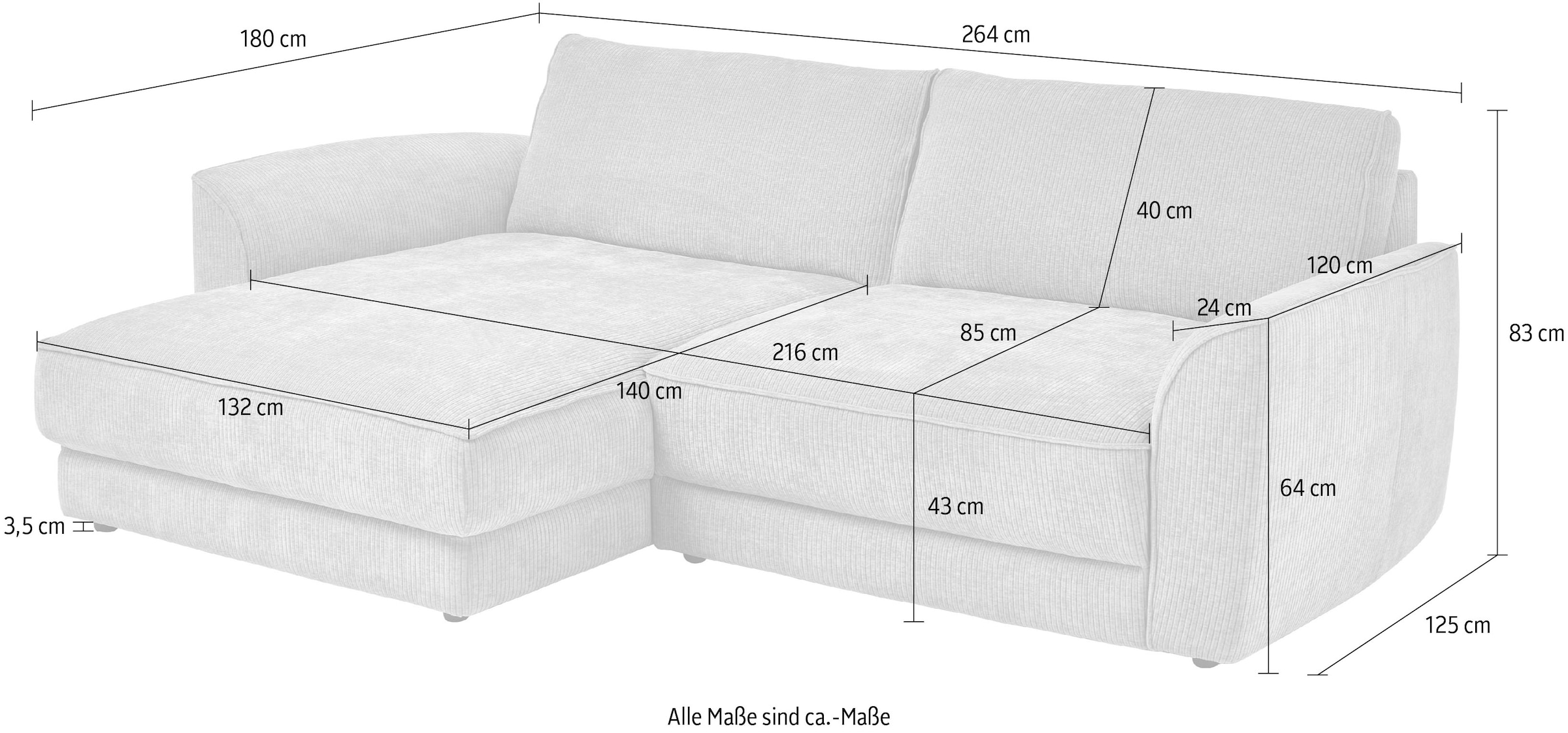 Die PlanBar Ecksofa »Ecksofa ZE-EM24138, L-Form, B: 264 cm« SoftSitz-Kaltschaumpolsterung, wahlweise mit Sitztiefenverstellung