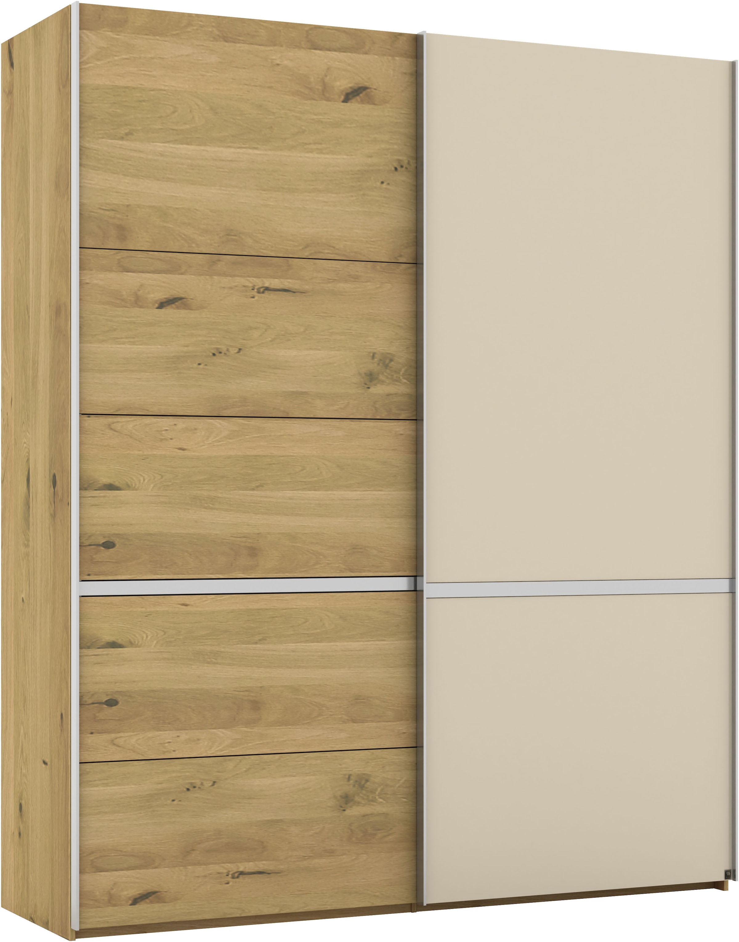 Musterring Schwebetürenschrank »Savona, Kleiderschrank, Schrank, Garderobe, mit Schiebetüren«, (Teilmassiv Bianco-Eiche, mit Spiegel oder Glas, MADE IN GERMANY), Türen Bianco-Eiche massiv, Spiegel-/Glastüren, eingelegte Chromleiste
