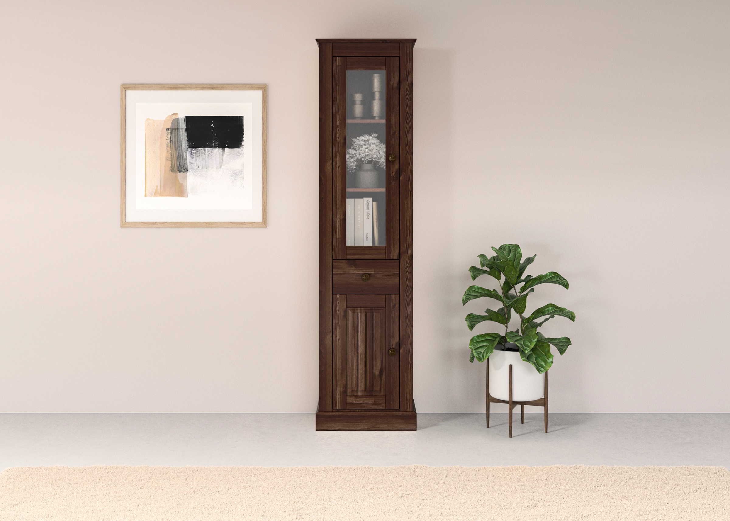 Vitrine OTTO HOME, B:46,5cm H:181cm T:31cm, braun, Massivholz, Wohnzimmer, Schränke, "Liotta", eine Glastür und einer Holztür und einer Schublade