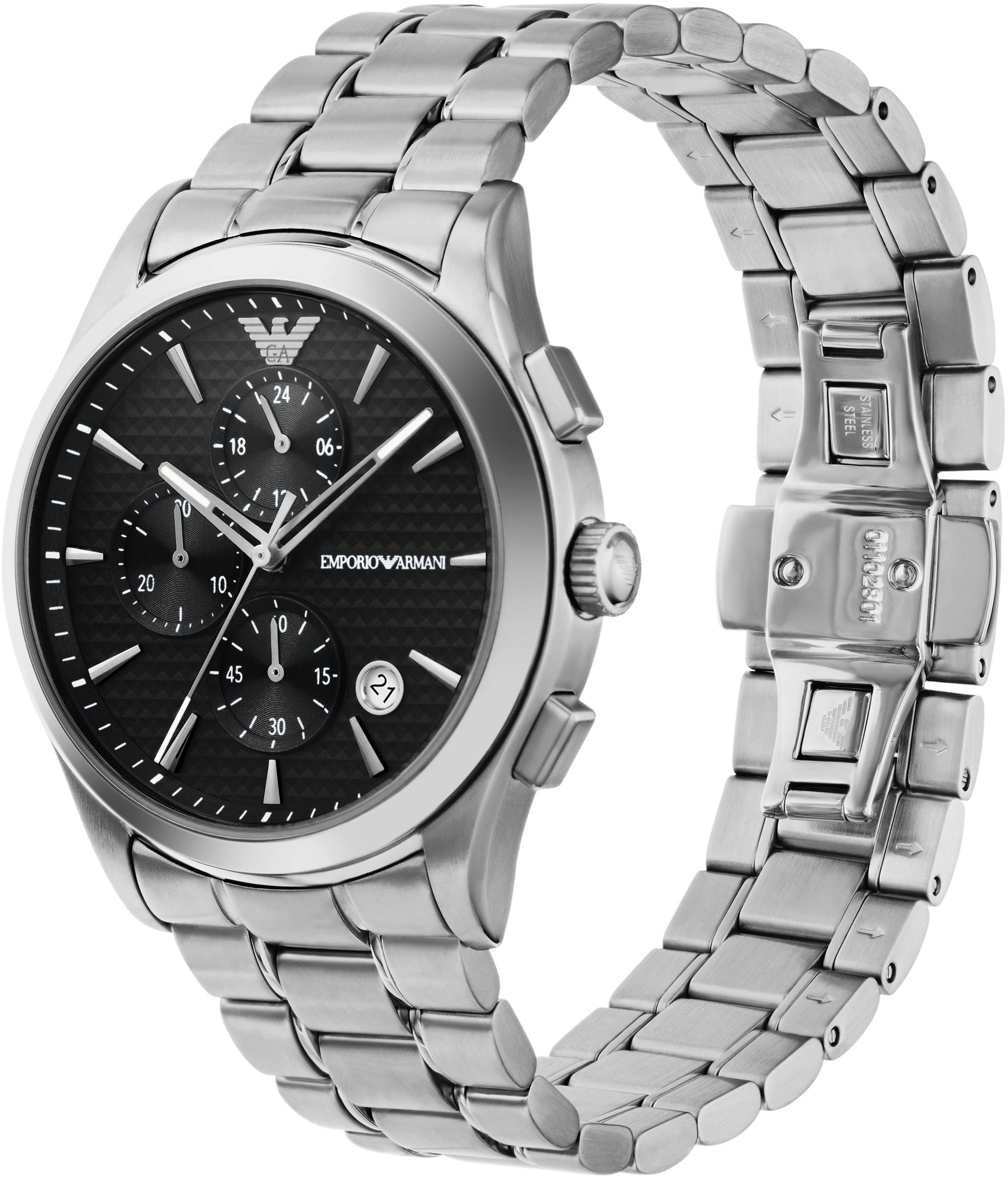 Emporio Armani Chronograph, Quarzuhr, Armbanduhr, Herrenuhr, Stoppfunktion, Edelstahlarmband