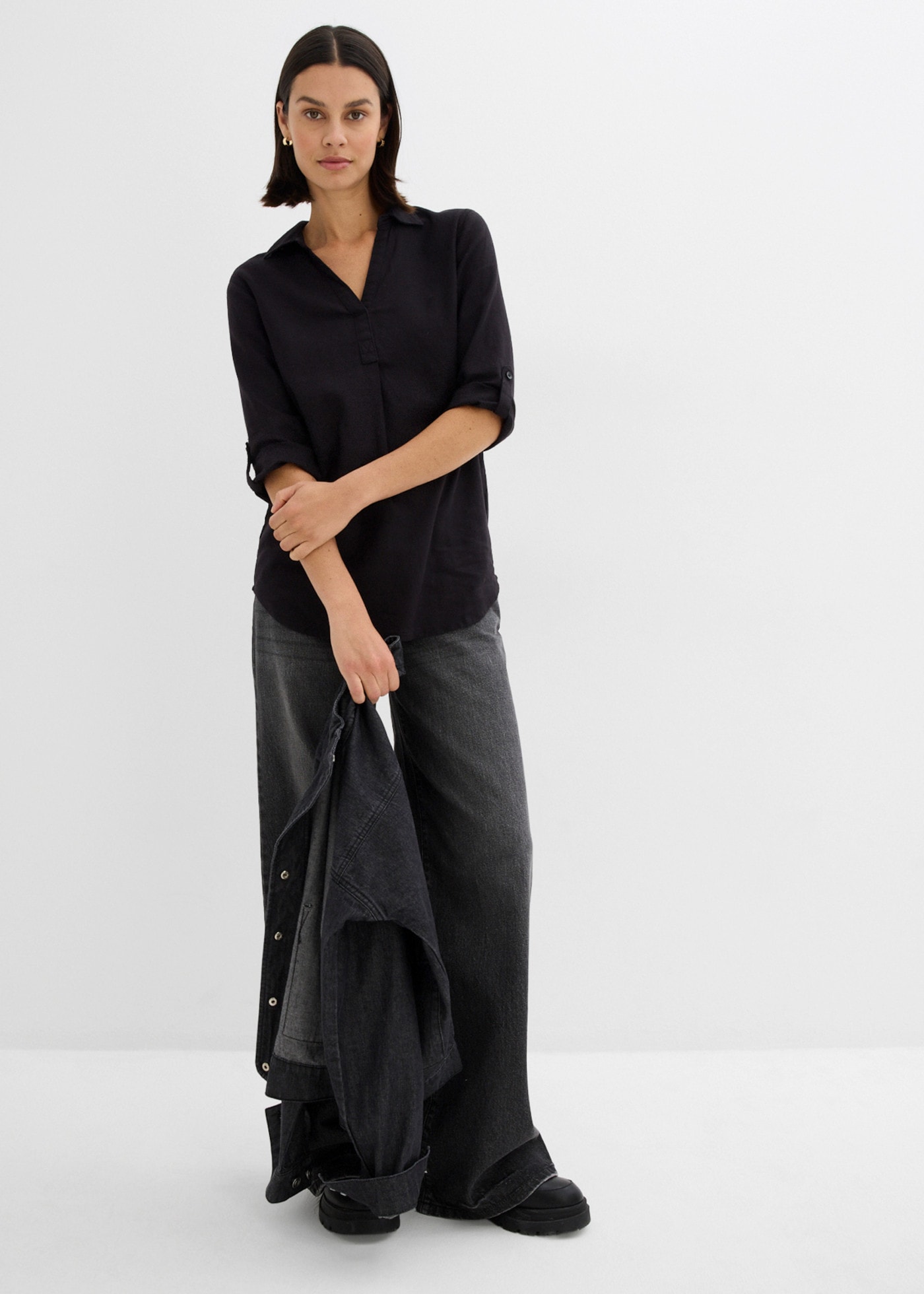 bonprix Langarmbluse »3/4-Arm Bluse mit Leinen« figurumspielende Passform, für vielseitige Alltagslooks