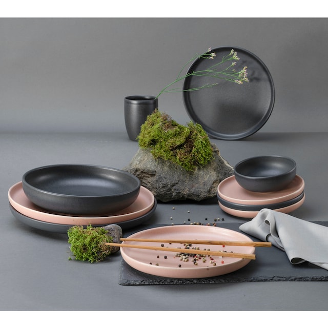 BAUR Rusty 8 Black,«, | Rose (Set, tlg.), seidenmatte + Tafelservice CreaTable Glasur »Uno