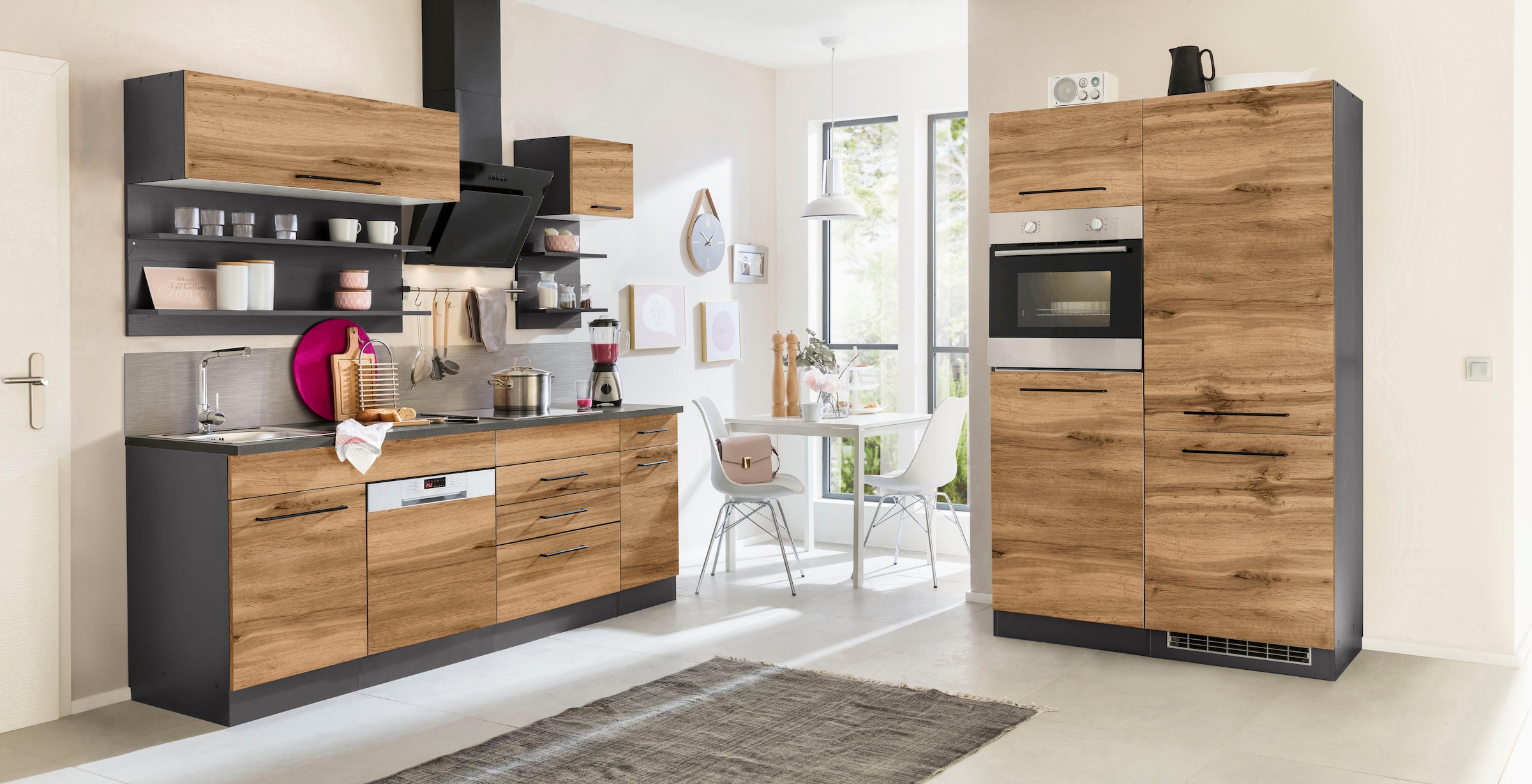 KOCHSTATION "KS-Tulsa" ohne E-Geräte, Breite 330 cm, schwarze Metallgriffe, MDF Fronten
