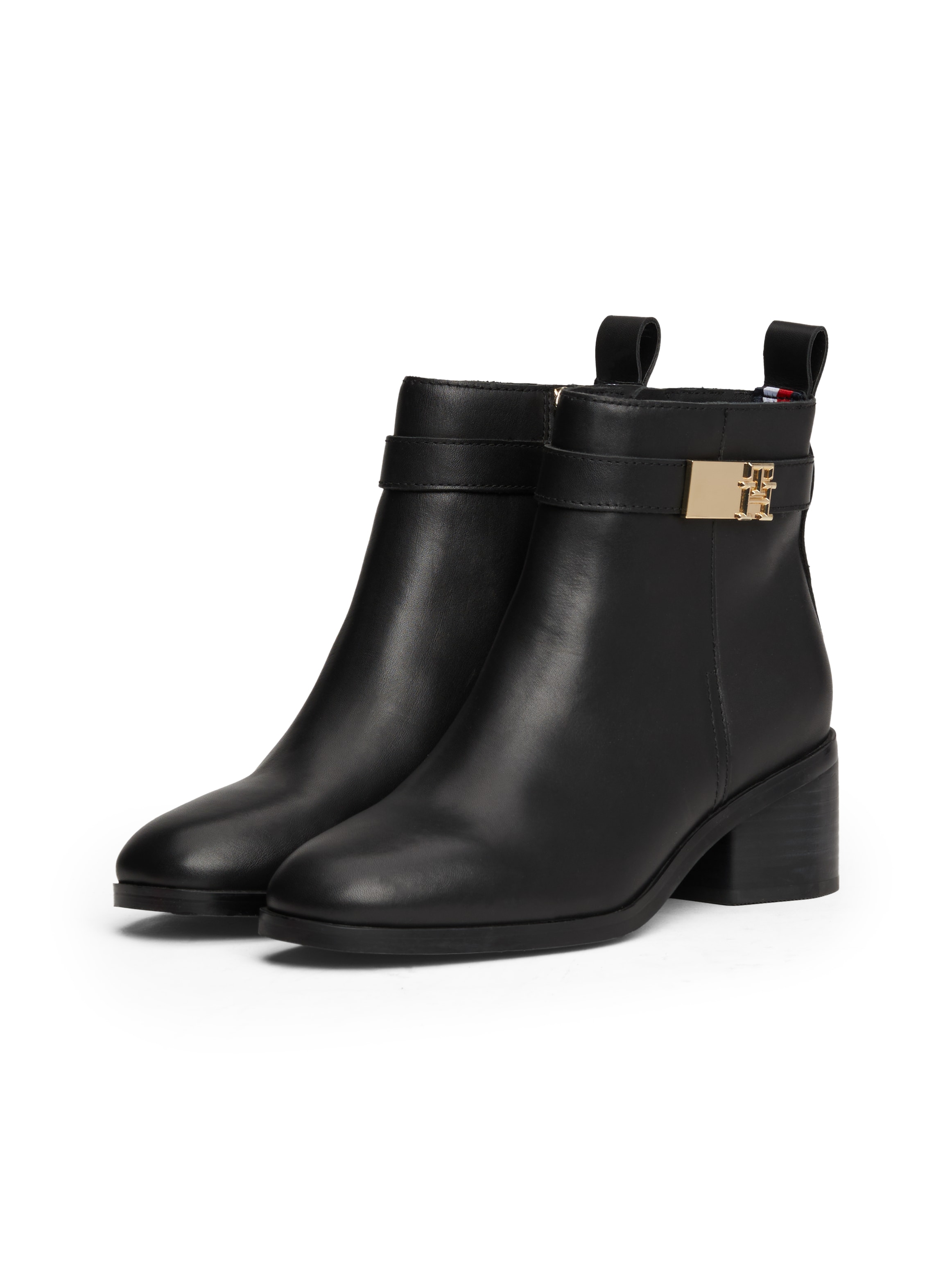 Tommy Hilfiger Stiefelette »TH LOGO MID HEEL BOOTIE«, Blockabsatz, Ankleboots, Businesschuh, Zierriemchen, Schmuckelement