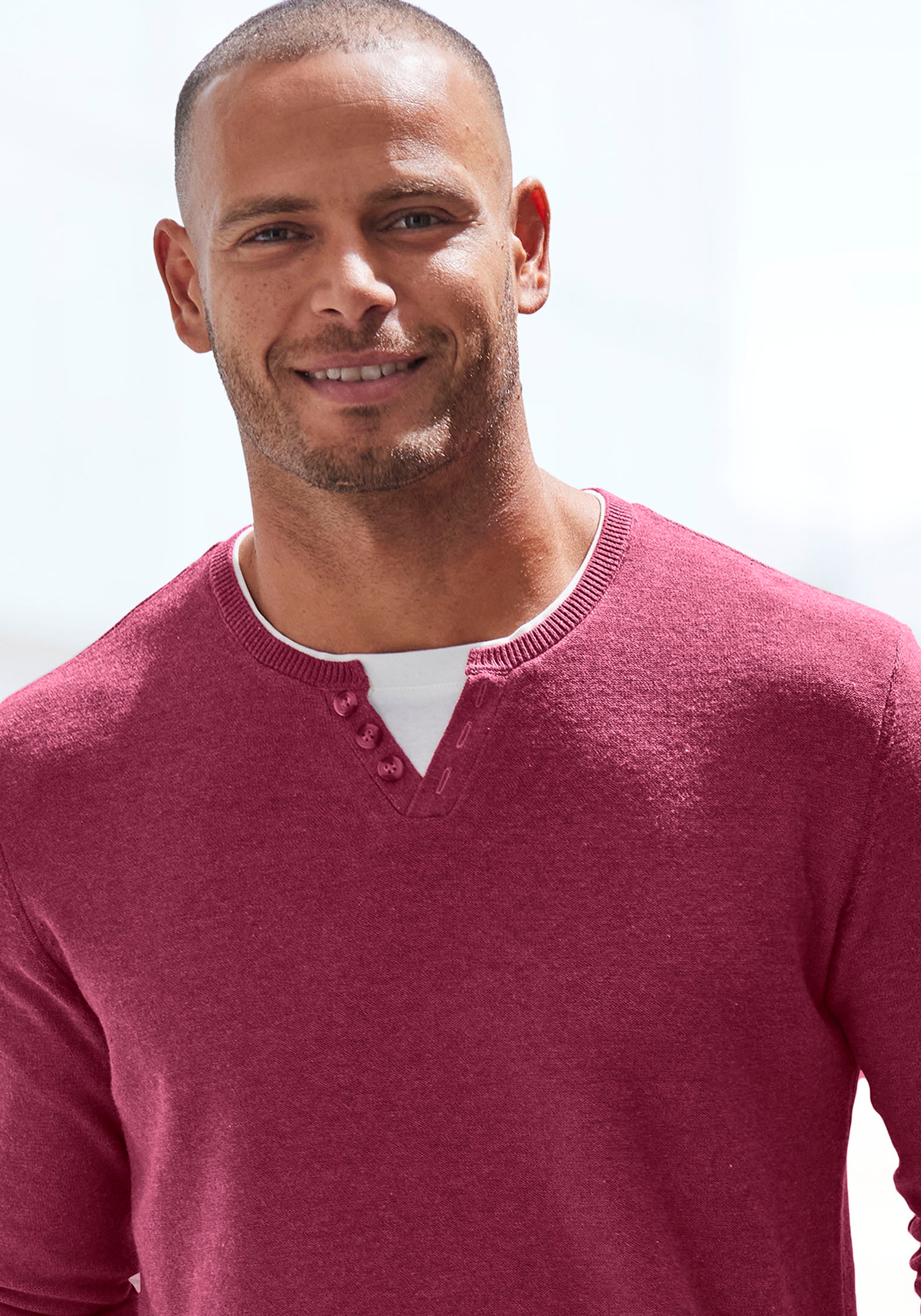 Strickpullover H.I.S, Herren, Gr. L (52/54), rot (rot meliert), Feinstrick, Obermaterial: 60% Baumwolle, 40% Polyester, unifarben, regular fit normal, Rundhals, Rollkanten, Pullover Strickpullover, Pullover mit hochwertiger Halslochverarbeitung in double- 3