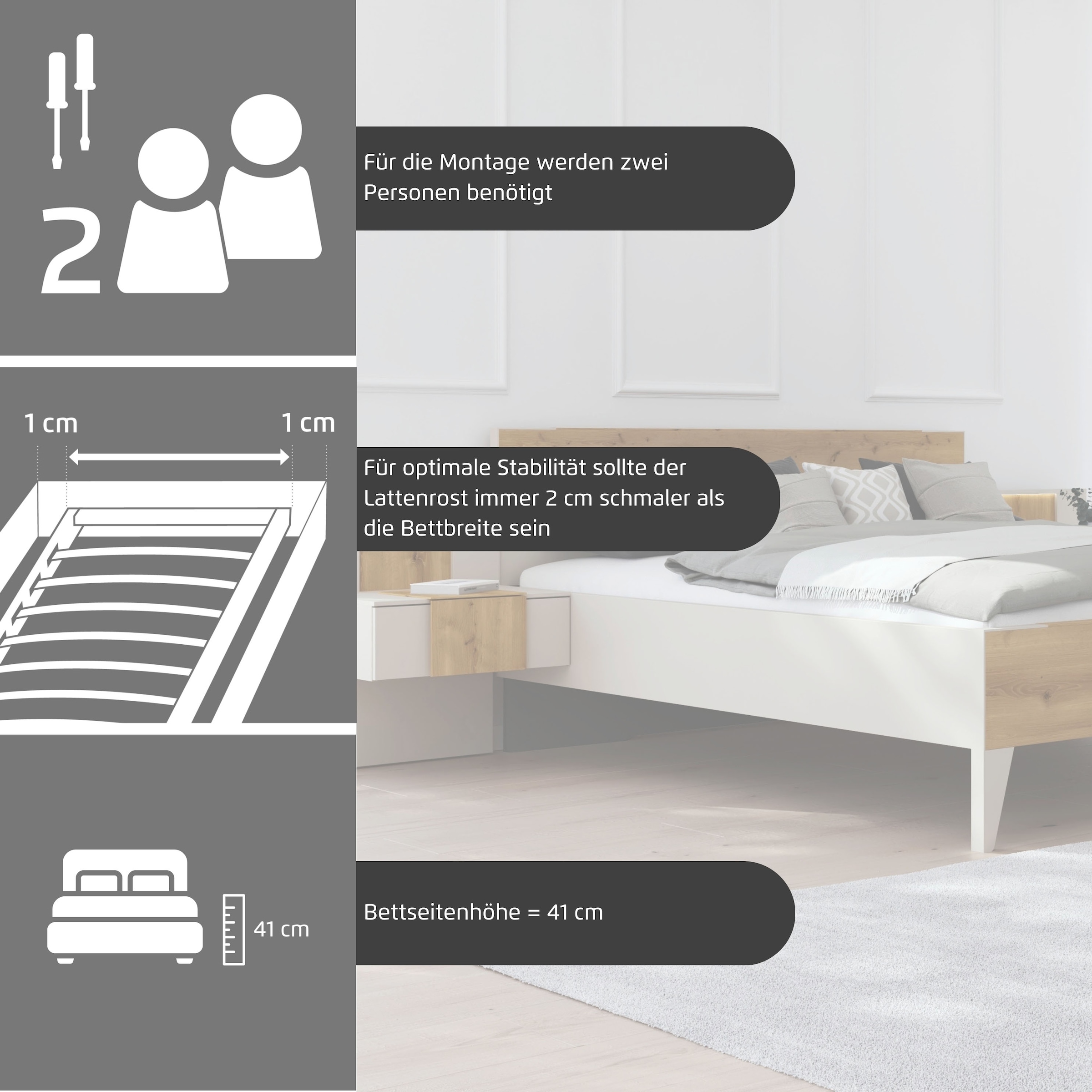 rauch Bettanlage »Bett Doppelbett Komfortbett Schlafzimmer Nachttische KONA« Set, Bett 180x200 oder 200x200, 2x Hängenachttisch, 2x Paneele mit Bel., 5 tlg. tlg. Absetzung Asteiche massiv, inkl. SOFT-CLOSE-FUNKTION MADE IN GERMANY