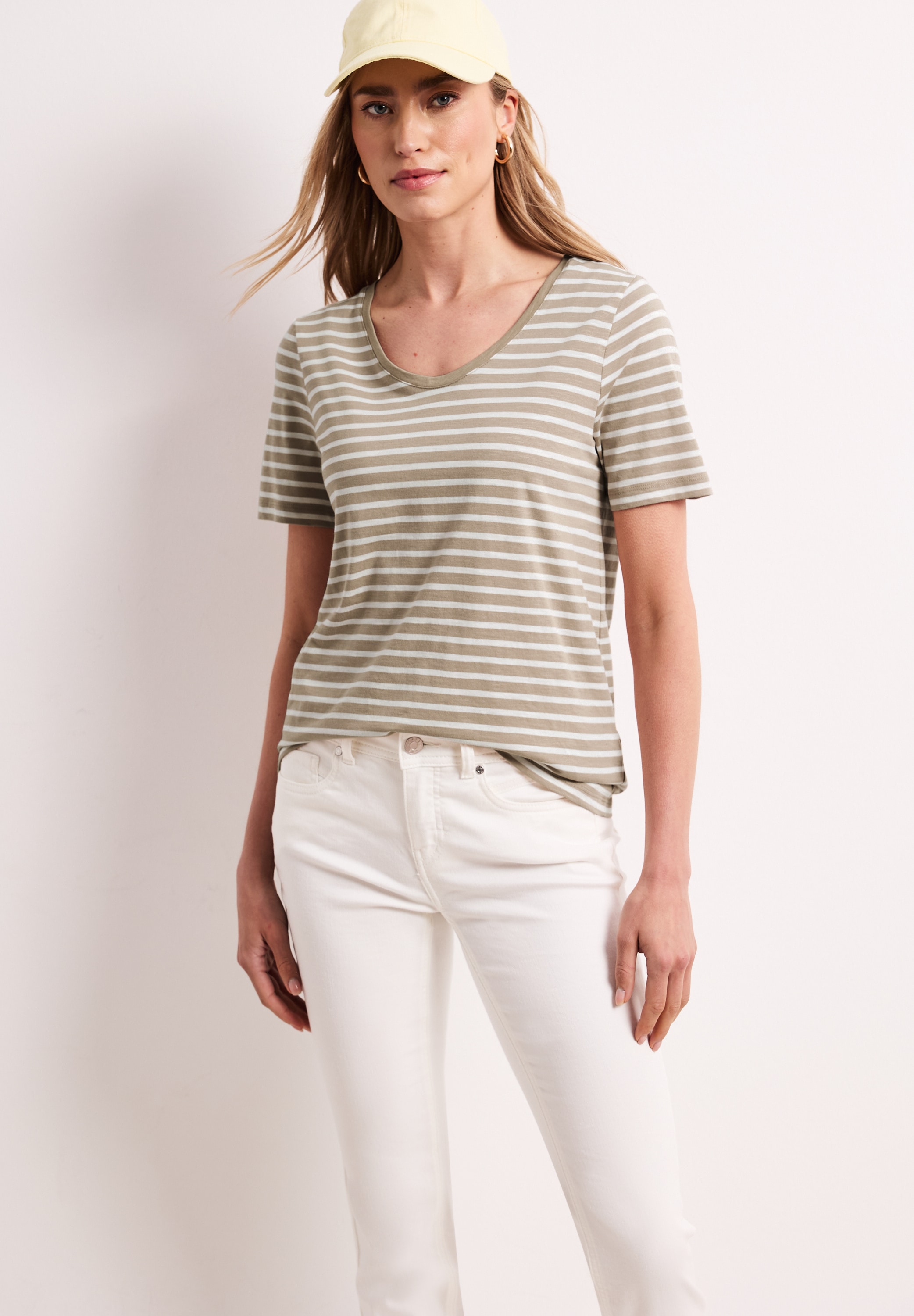 T-Shirt STREET ONE, Damen, Gr. 34, safari beige, Web, 50% Baumwolle, 50% Modal, gestreift, unifarben, normal normal, V-Ausschnitt, abgesteppt, Shirts T-Shirt, mit abgerundetem V-Ausschnitt