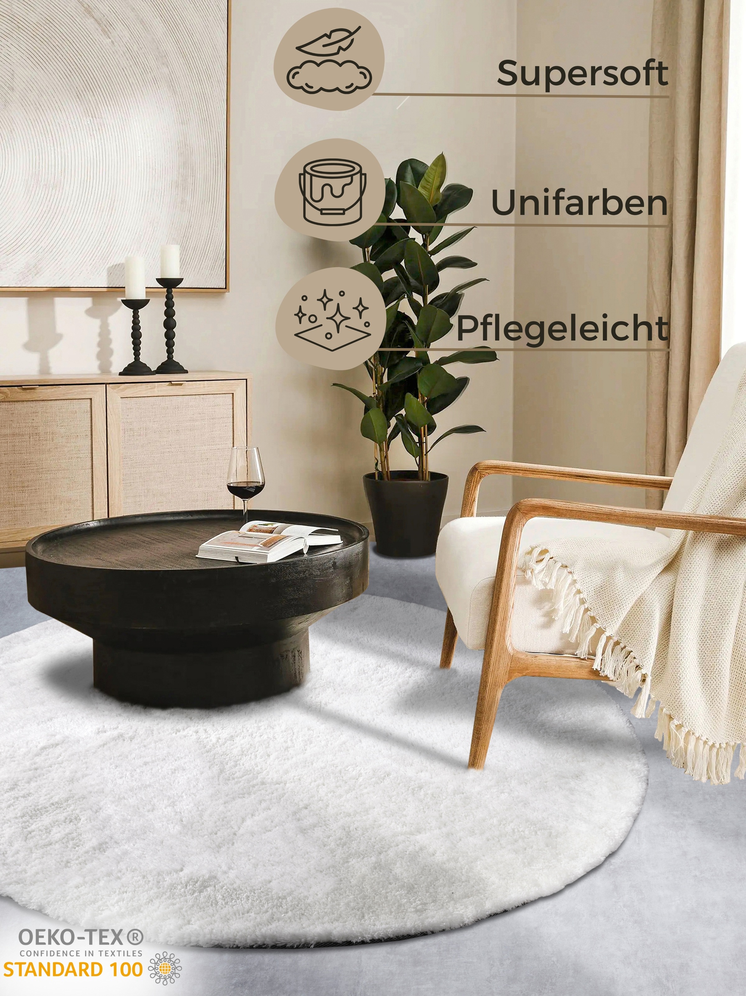 Hochflor-Teppich HANSE HOME "Olaf", weiß (ivory weiß), H:38mm Ø:200cm, Polyester, Teppiche, Langflor, Shaggy, einfarbig, flauschig, weich, glänzend, modern, uni 2