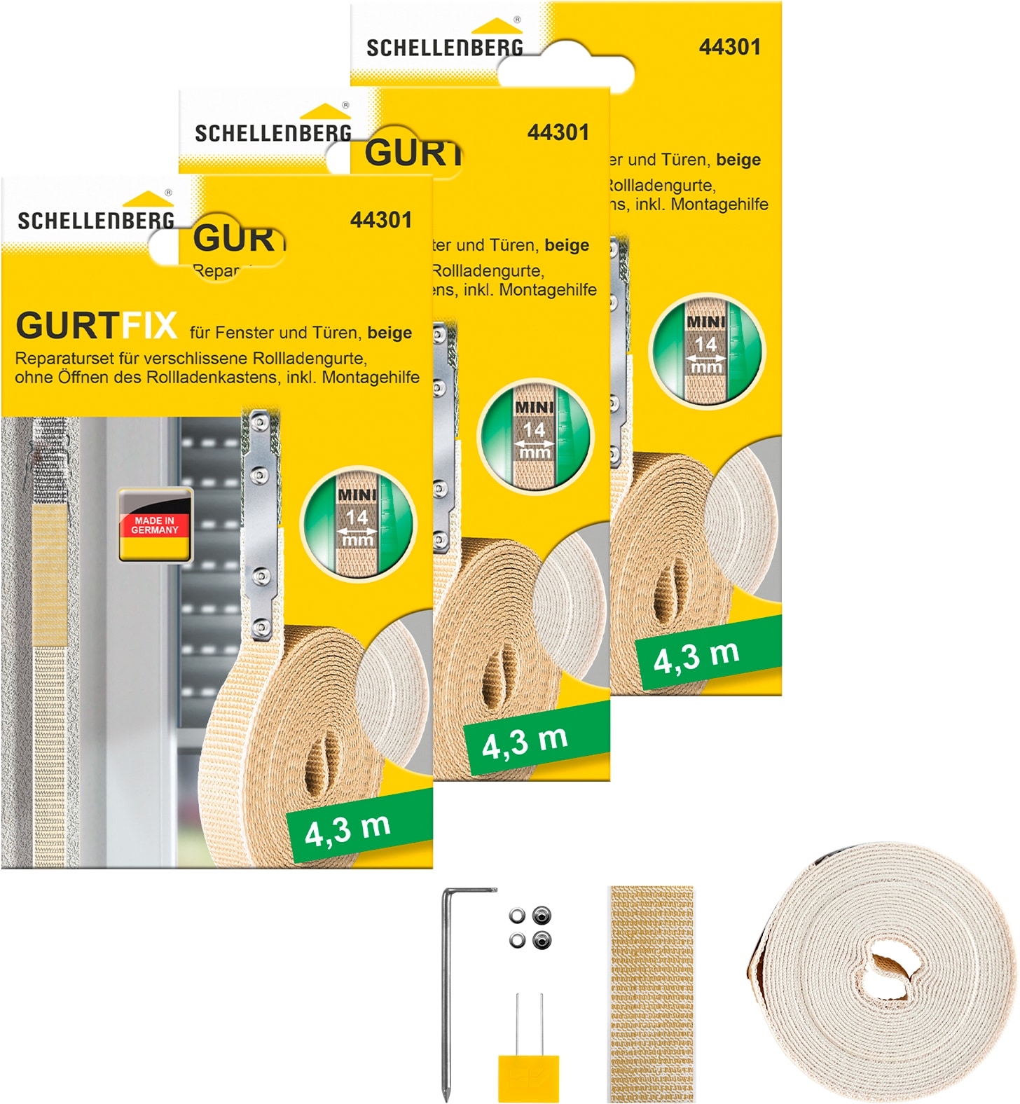 SCHELLENBERG Reparatur-Set "Rollladen Gurtfix für das Rollladensystem Mini" Set, 3 Stk. tlg. für alte Gurtbänder in unterschiedlichen Farben, 14 mm x 4,3 m