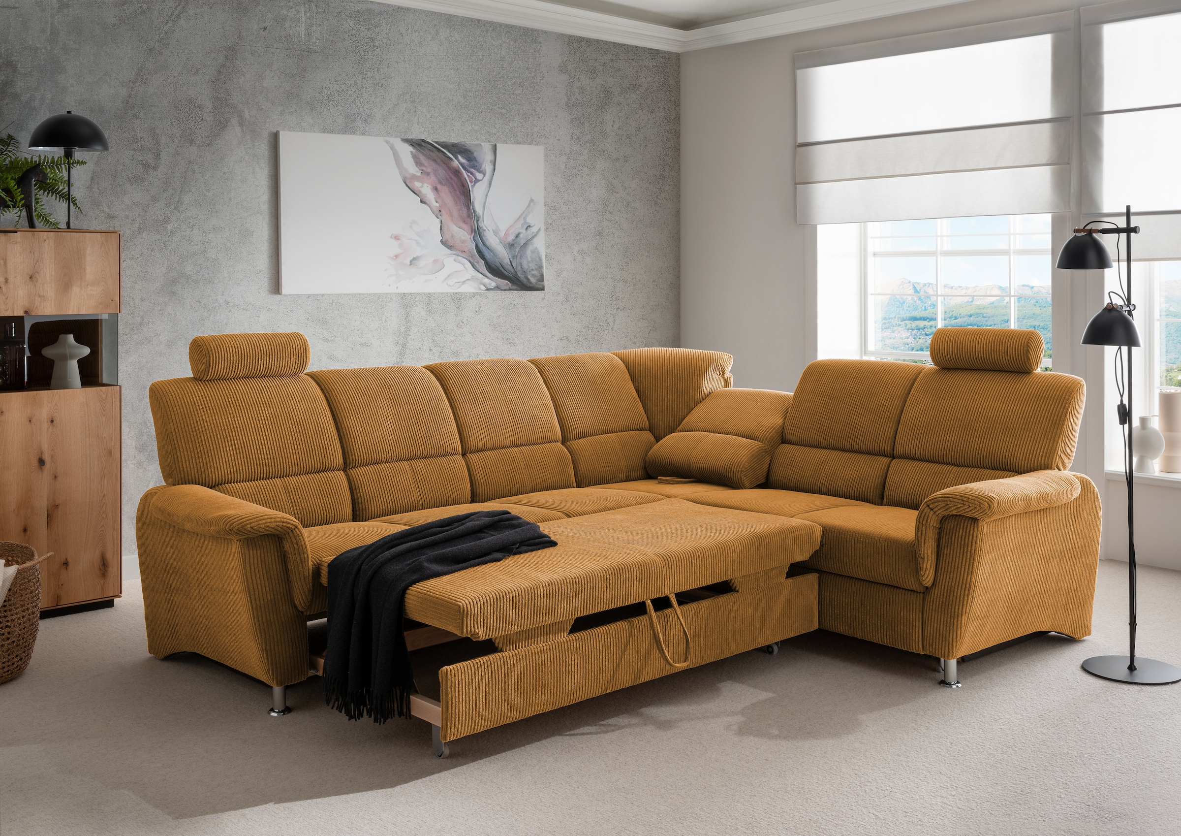 Home affaire Ecksofa »Pisa L-Form, mit Schlaffunktion, Stauraum, 2x höhenverstellbare«, Kopfstützen und Relaxfunktion im Eckelement