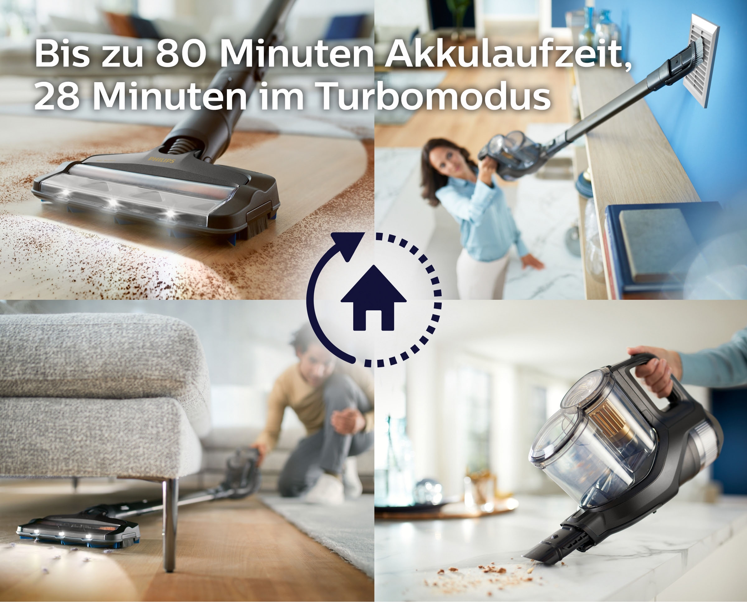 | BAUR Max Minuten mit Plus«, Philips Wischfunktion 80 SpeedPro Nass-Trocken-Akkusauger 360°-Saugdüse Laufzeit, »XC8347/01 und Aqua