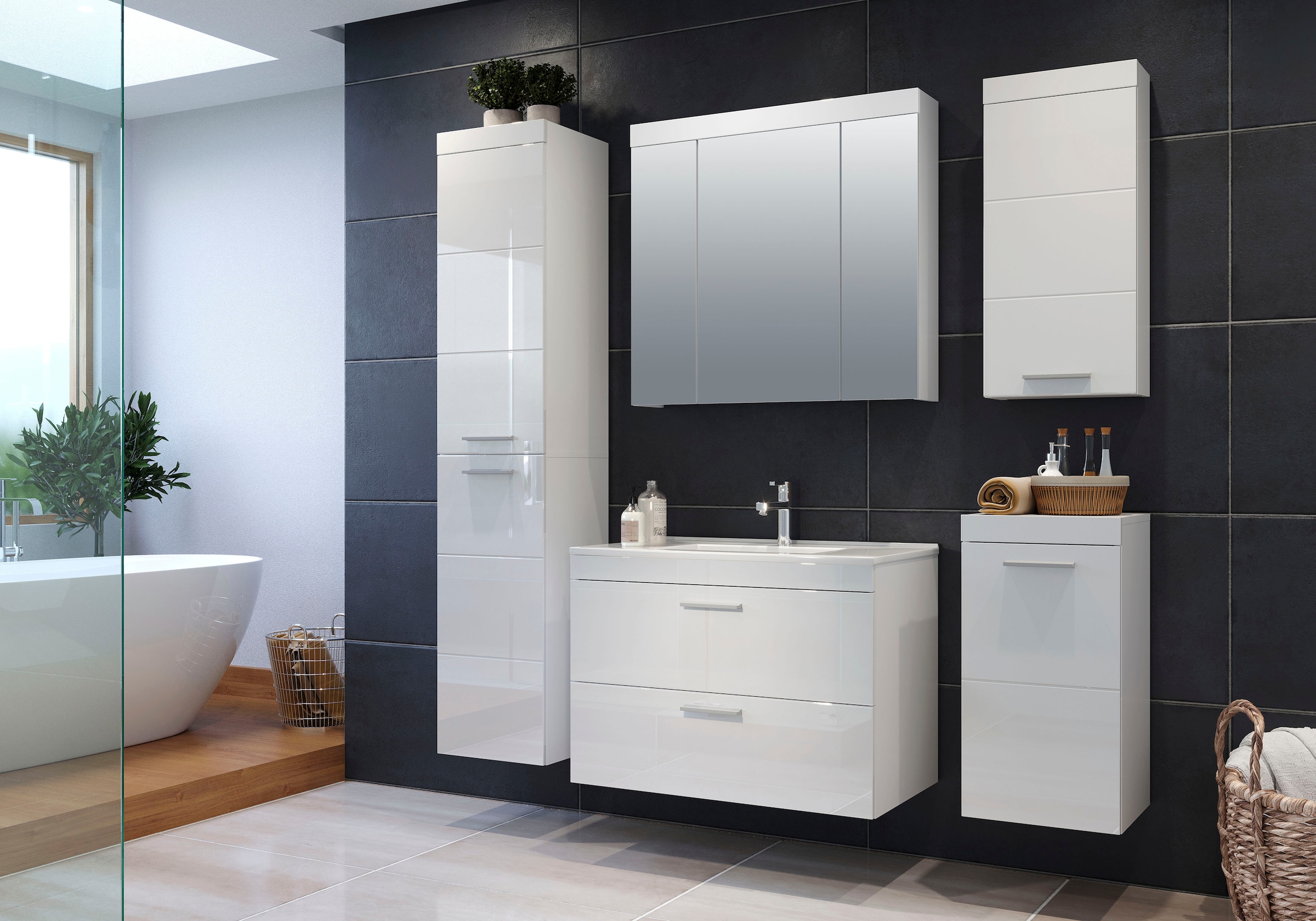 welltime Hängeschrank »Dormoletto« Weißer Badschrank mit waagerechter Fräsung - Maße (B/T/H) 35/16/75 cm