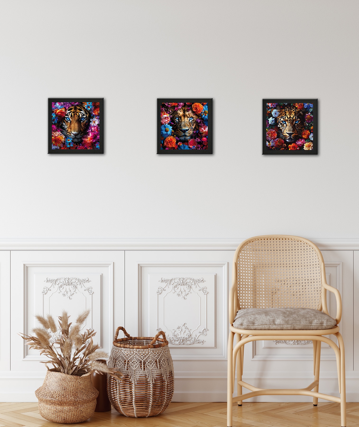Bönninghoff Bild mit Rahmen »3er-Set gerahmte Bilder TIGER LÖWE 3x23x23 cm – Tiermotiv modern« Blumen | Blumenbilder | Kunst | Löwen | Raubkatzen | Tiere | Tiger 3 Stk. tlg. mehrteiliges Bilder-Set, harmonisch aufeinander abgestimmt