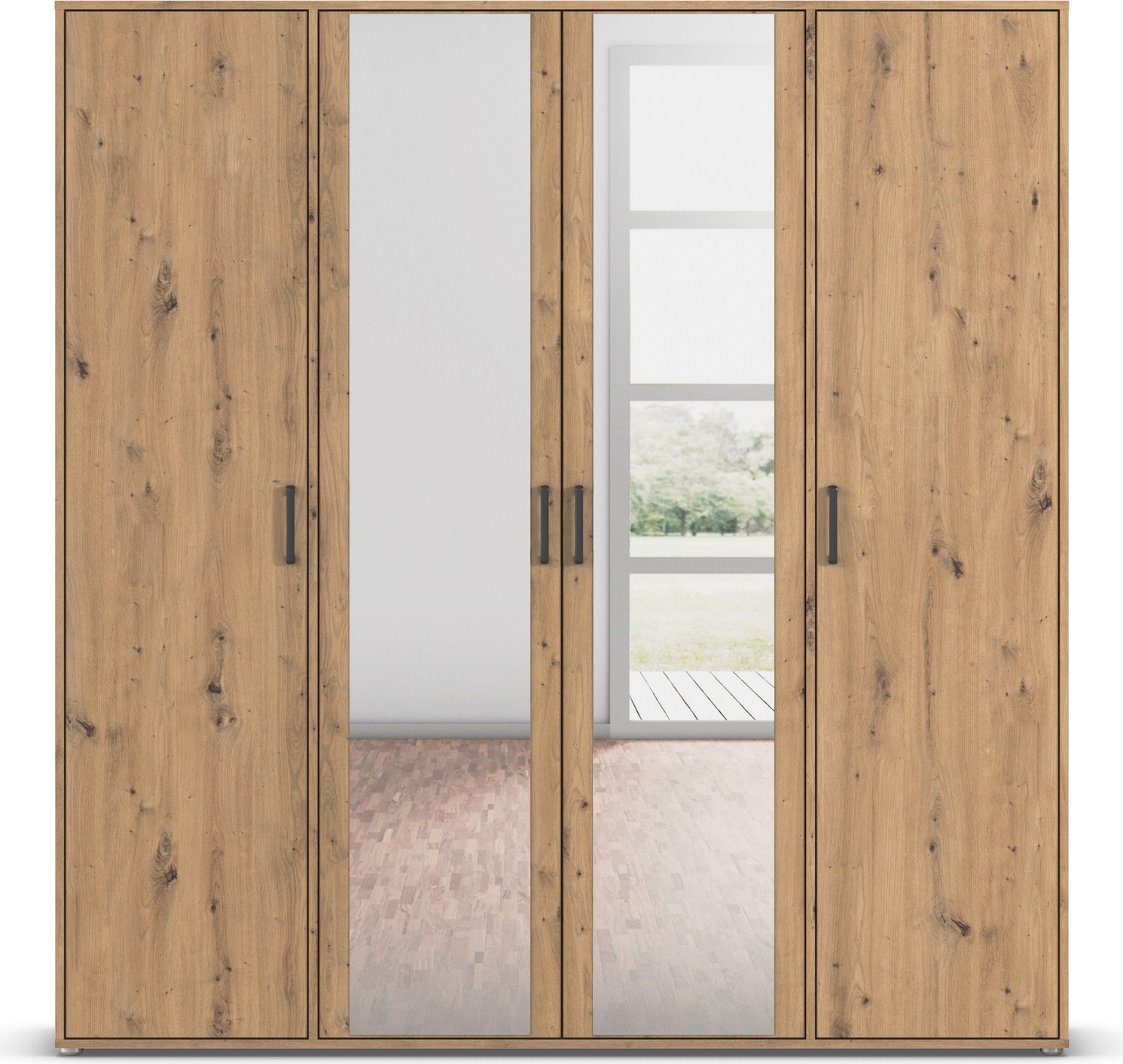 rauch Drehtürenschrank »Kleiderschrank Schrank Garderobe Wäscheschrank VOYAGER«, (in 3 verschiedenen Ausstattungen BASIC/CLASSIC/PREMIUM), mit modernen Griffen in Graumetallic und Spiegel