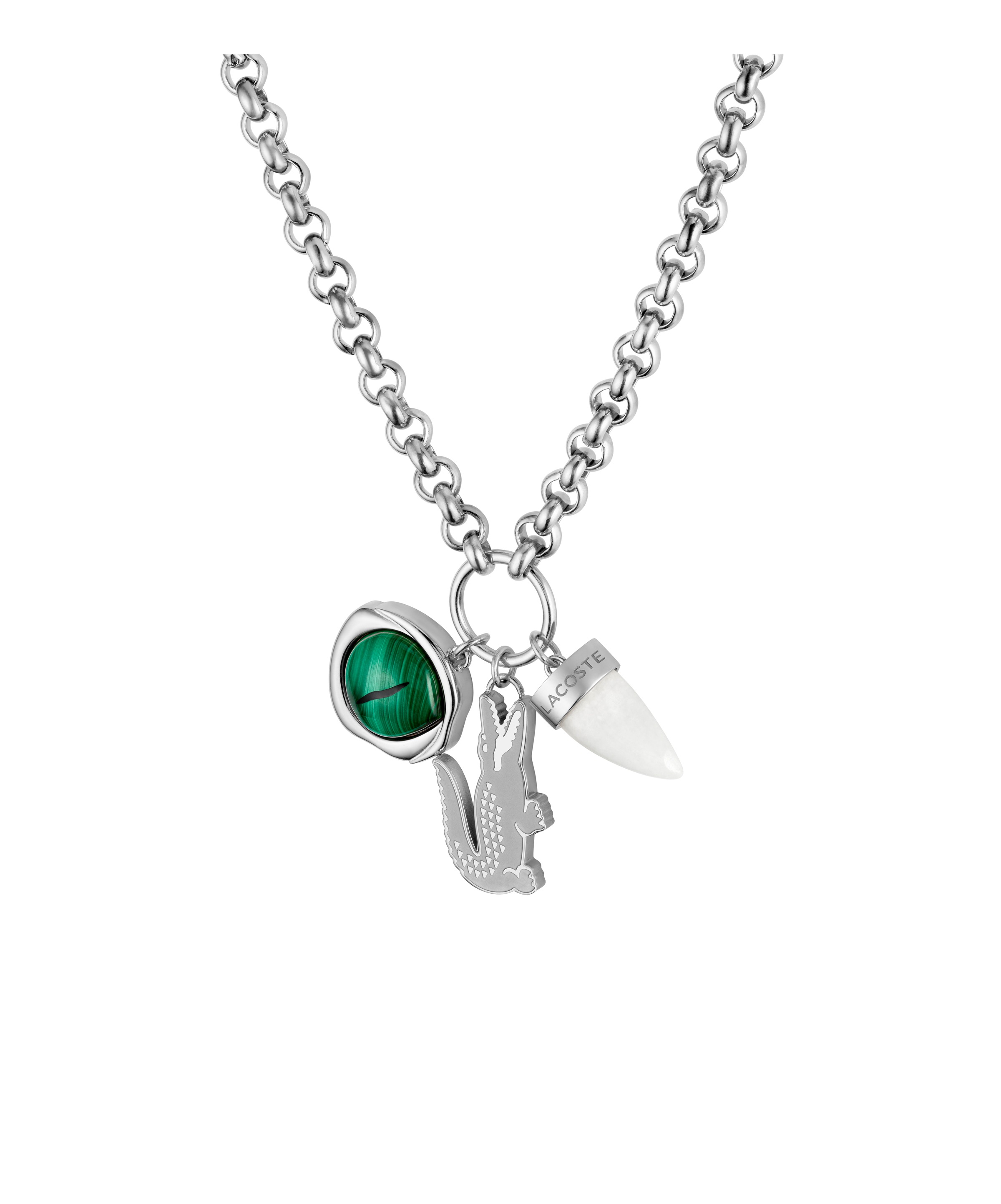 Kette mit Anhänger LACOSTE "UMPIRE", edelstahlfarben, grün, weiß, Halsketten, Herren, Edelstahl, L: 65, mit Malachit, Marmor