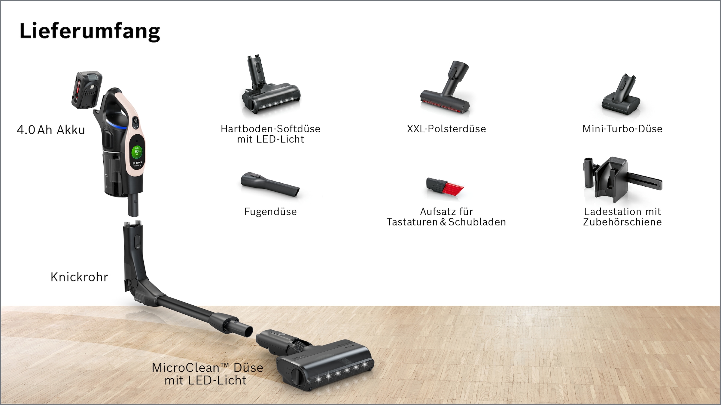 BOSCH Akku-Stielstaubsauger »Unlimited 10 BKS1041RHF, MicroClean™ Technology, Display, Knickrohr« HEPA-Filtersystem, 10 Jahre Motorgarantie, LED-Licht, powder rose