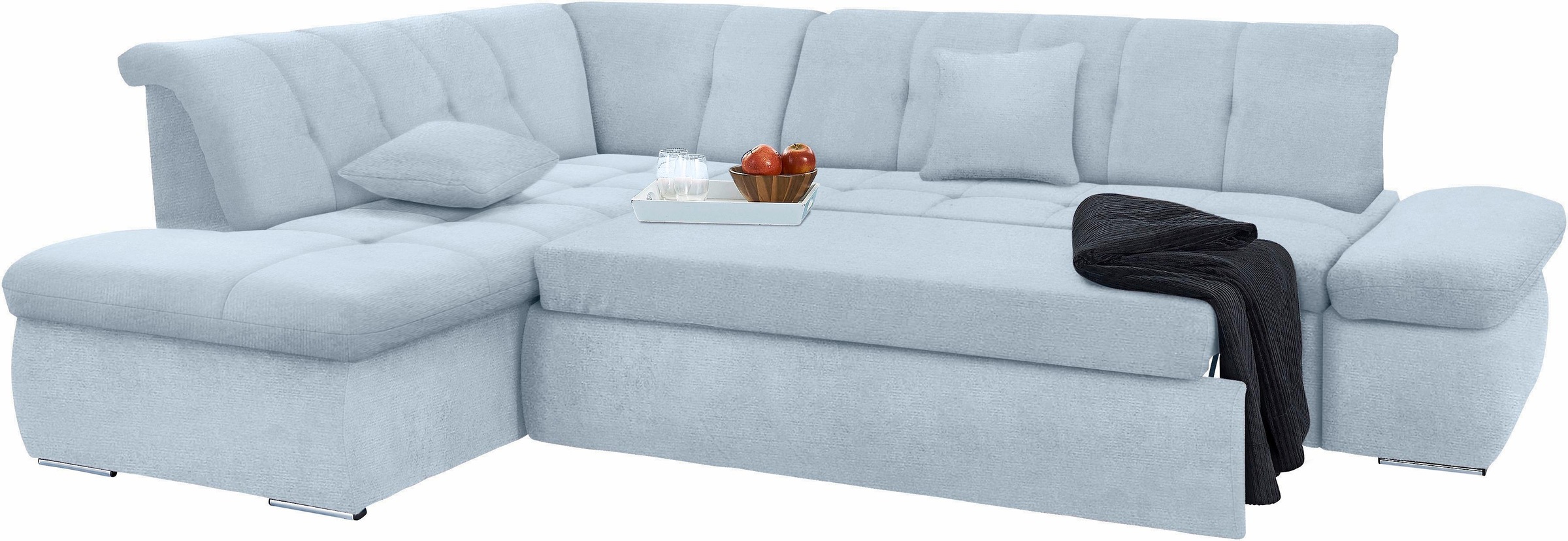 DOMO collection Ecksofa »NMoric incl. Zierkissen B/T/H: 273/216/80 cm L-Form«, Ottomanen-Abschluss, wahlweise mit Bettfunktion und Armlehnverstellung