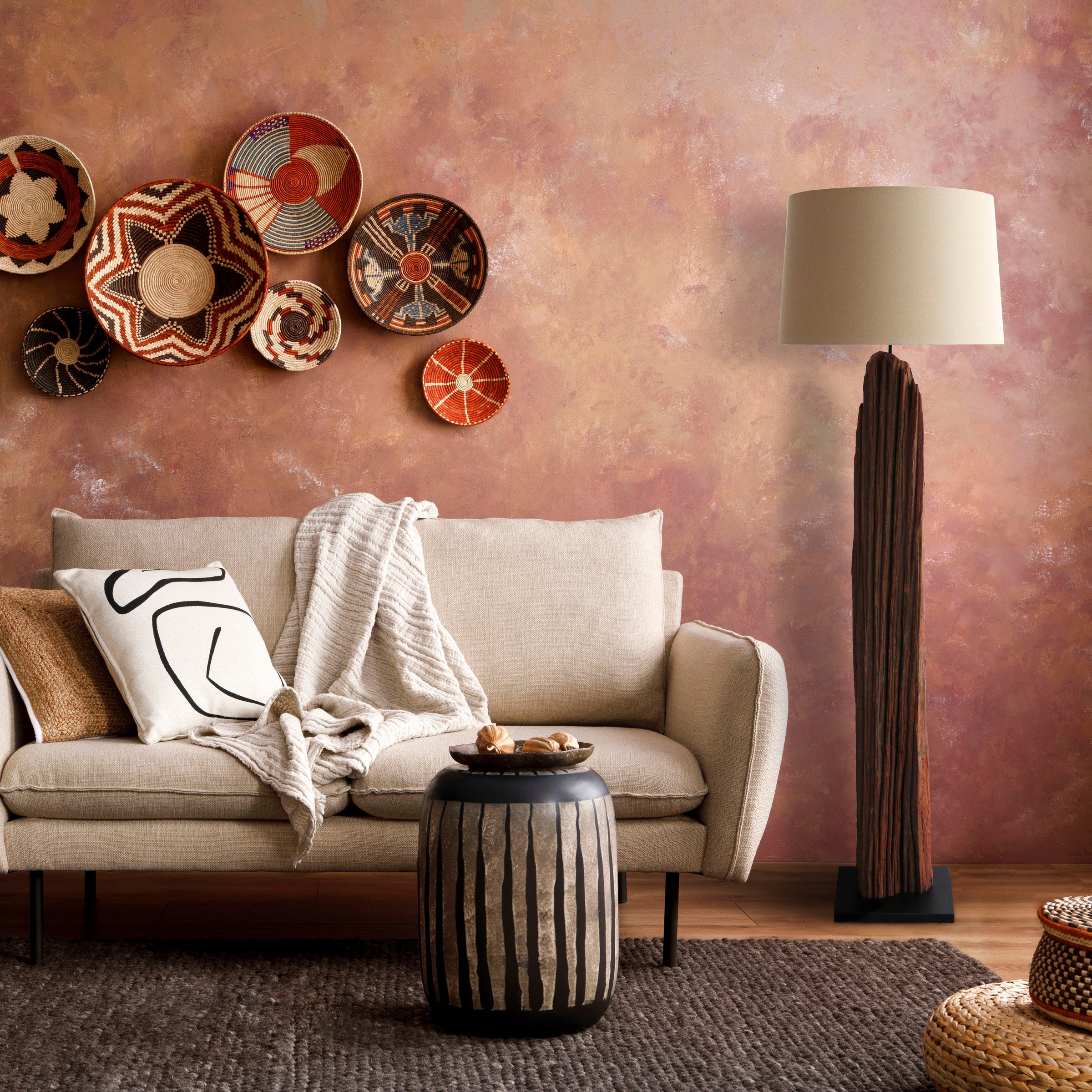 SALESFEVER Stehlampe "Rosy", schwarz-weiß (schwarz, natur, weiß), 1, Ø 55cm H: 175cm, 1 Stk., Leuchten, handgefertigt, mit Leinenschirm, Stehlampe 2