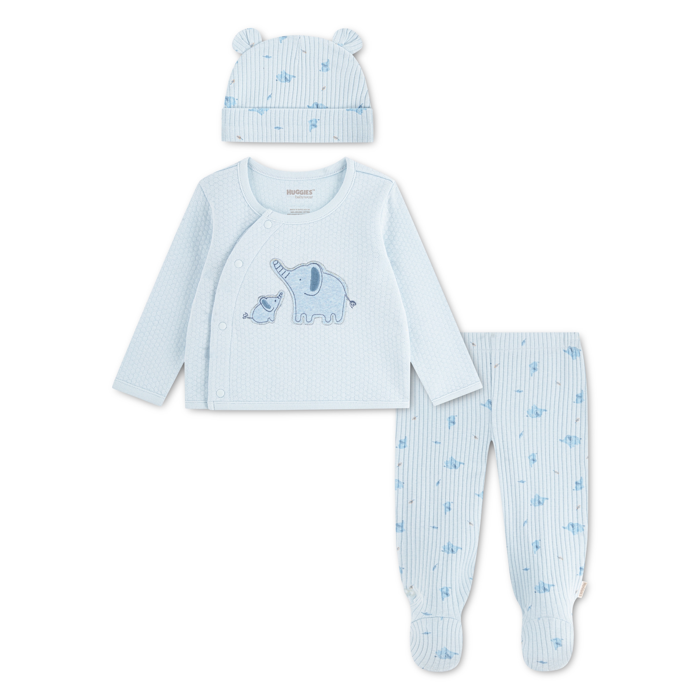 HUGGIES babywear Strampler, Jäckchen & Mütze "HUGB FOOTED PANT SET + ATTACHM" Set, 3 Mütze / Jäckchen / Hose mit Fuss / bedruckt - für Boys