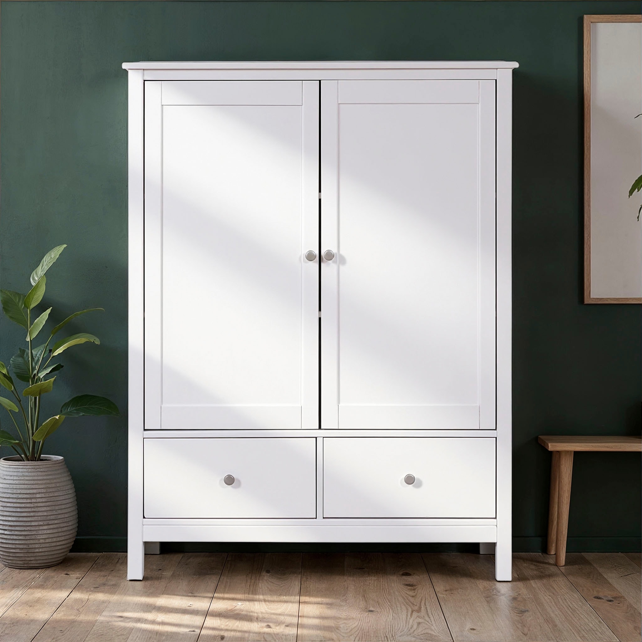 Inter Link Wäscheschrank »Pinora, 2 Türen, Kiefer Massivholz Weiss, Silberne Metallgriffe« 1 Stk. tlg. Inkl. Einlegeböden & 2 Schubladen, Skandi Look, 107 x 45 x 140 cm