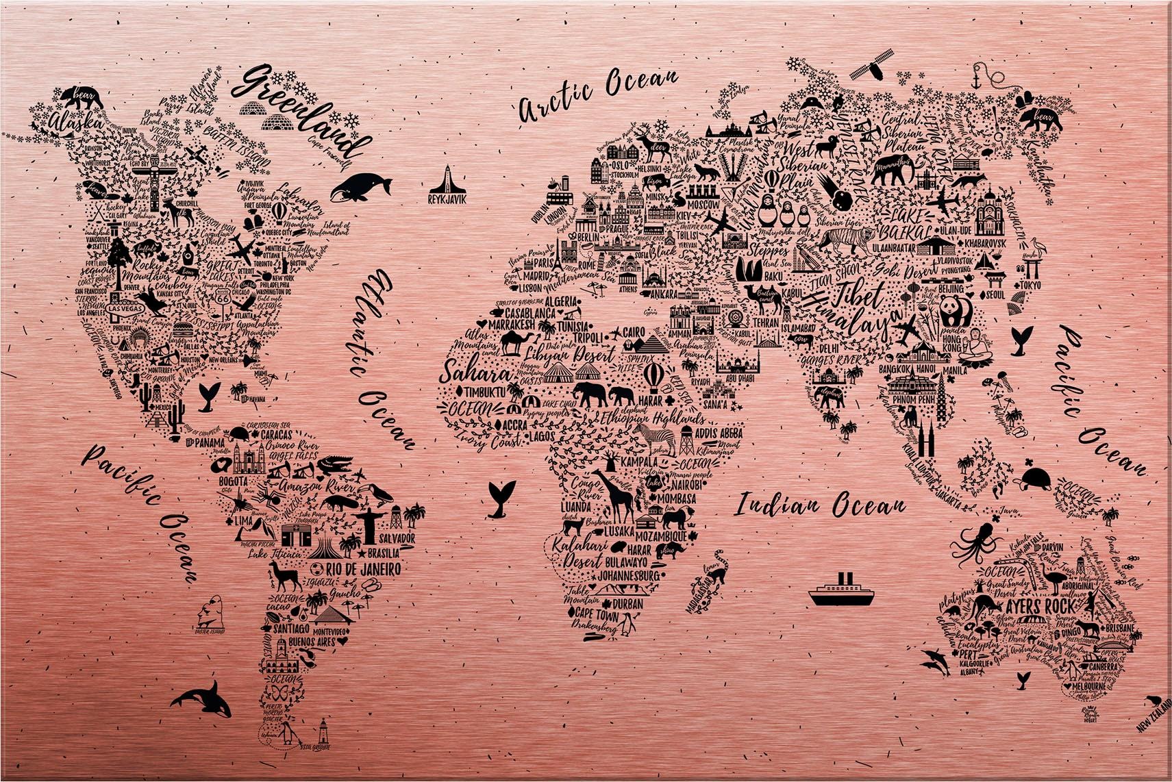 Wall-Art Metallbild "Weltkarte Around the world", Maße (B/T/H): (120/0,3/75 cm)