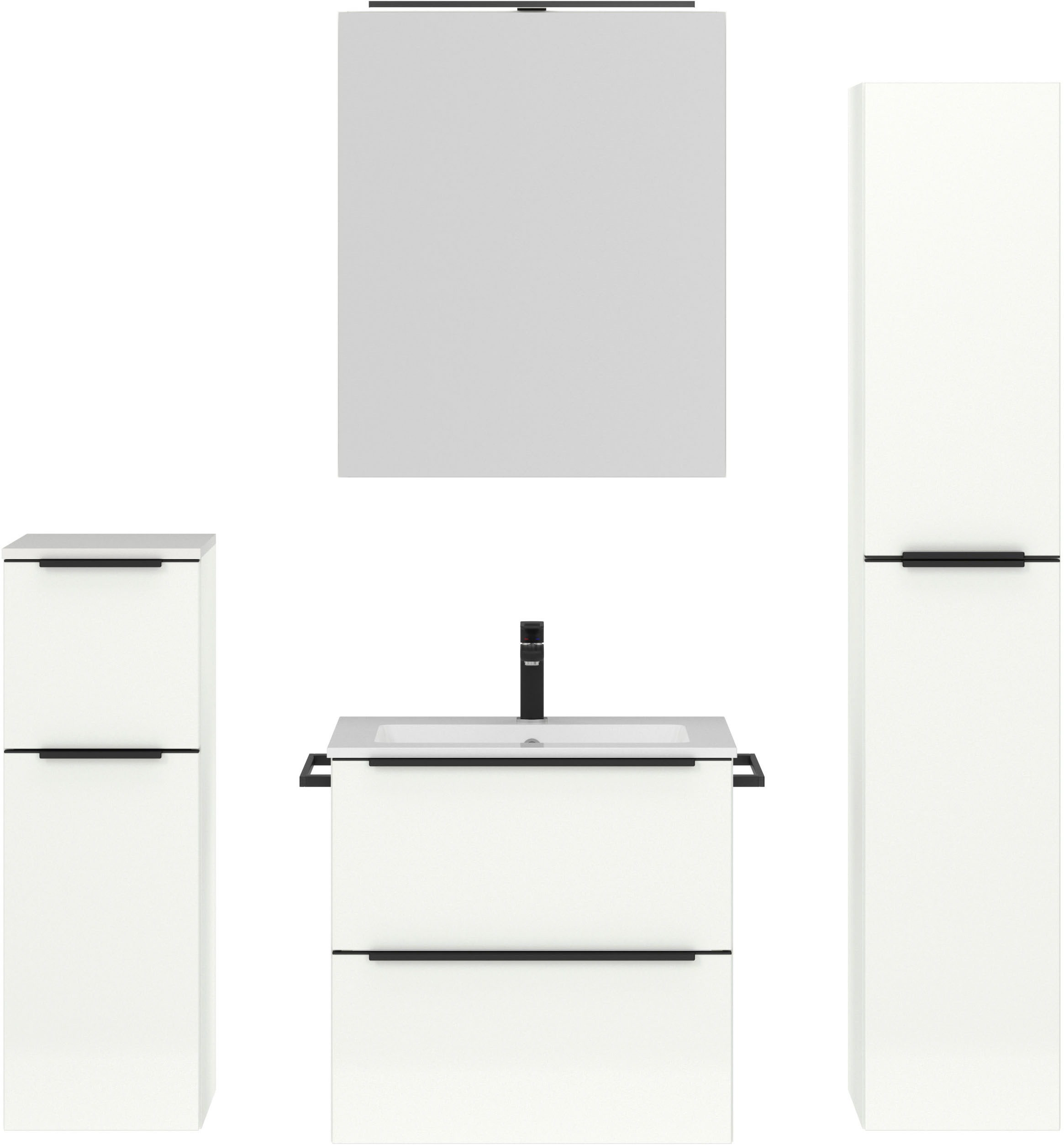 nobilia® Badmöbel-Set »Levere«, (4 St., vormontiert, mit Soft-Close), inkl. Spiegelschrank mit Beleuchtung und Dimmerfunktion, in 4 Breiten