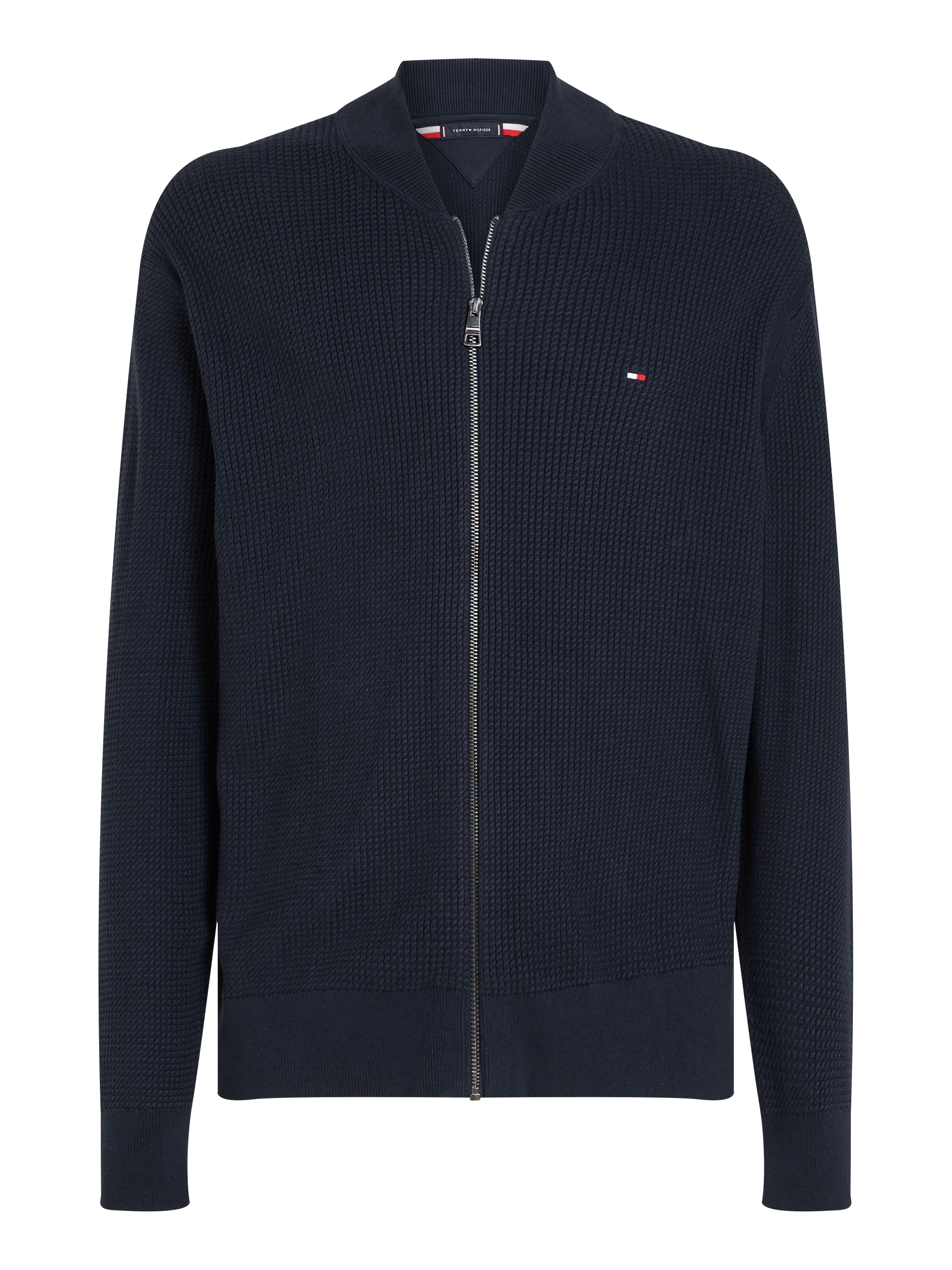 Tommy Hilfiger Strickjacke »STRUCTURE BASEBALL ZIP THROUGH«, in Rippoptik, Reißverschluss, Logostickerei